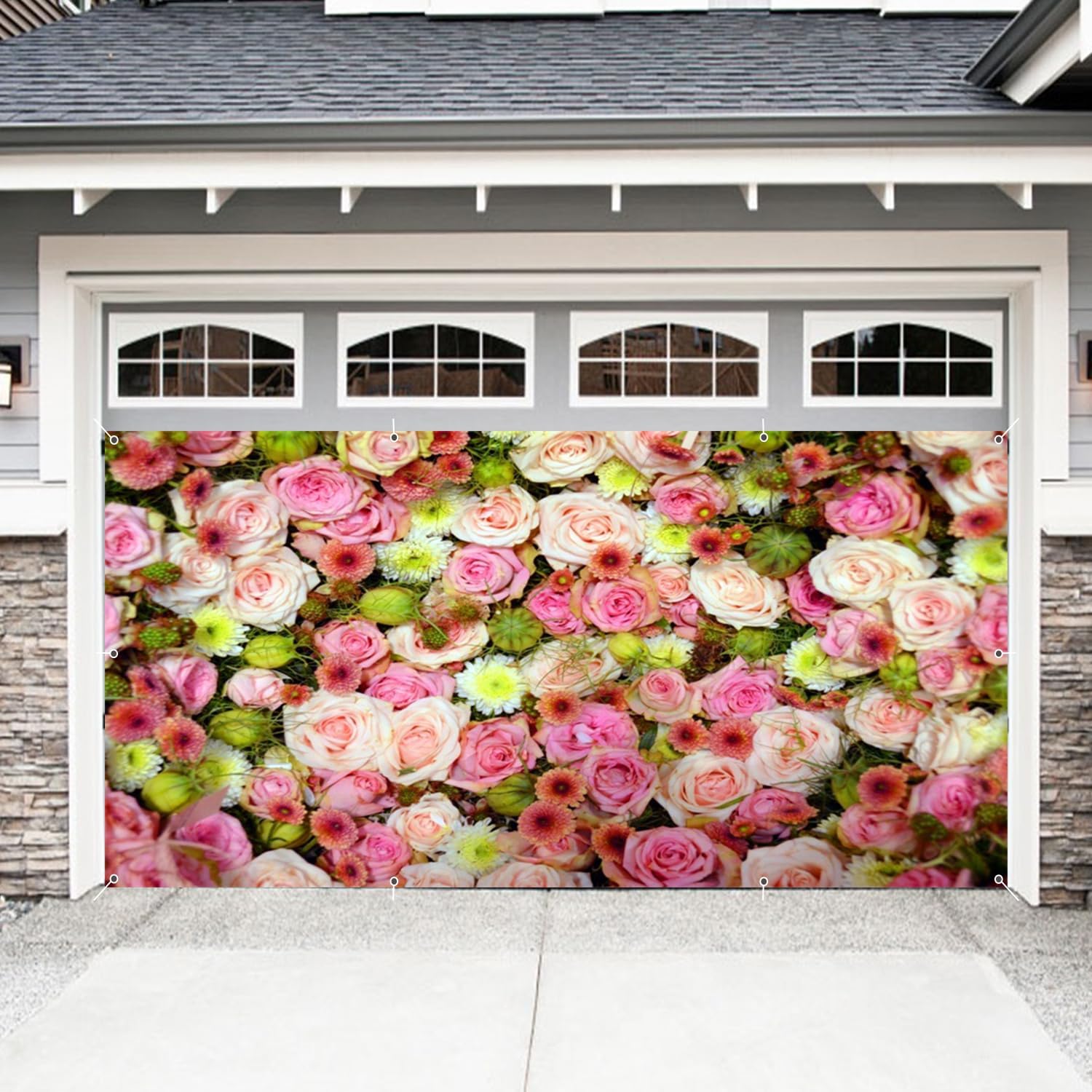 Floral Garage Door Cover Banner Decorations Backdrop 7x16ft Large Pink White Rose Wall Spring Colorful Flowers Garage Door Cover Outdoor Birthday Party Baby Shower Wedding Garage Door Photo Background