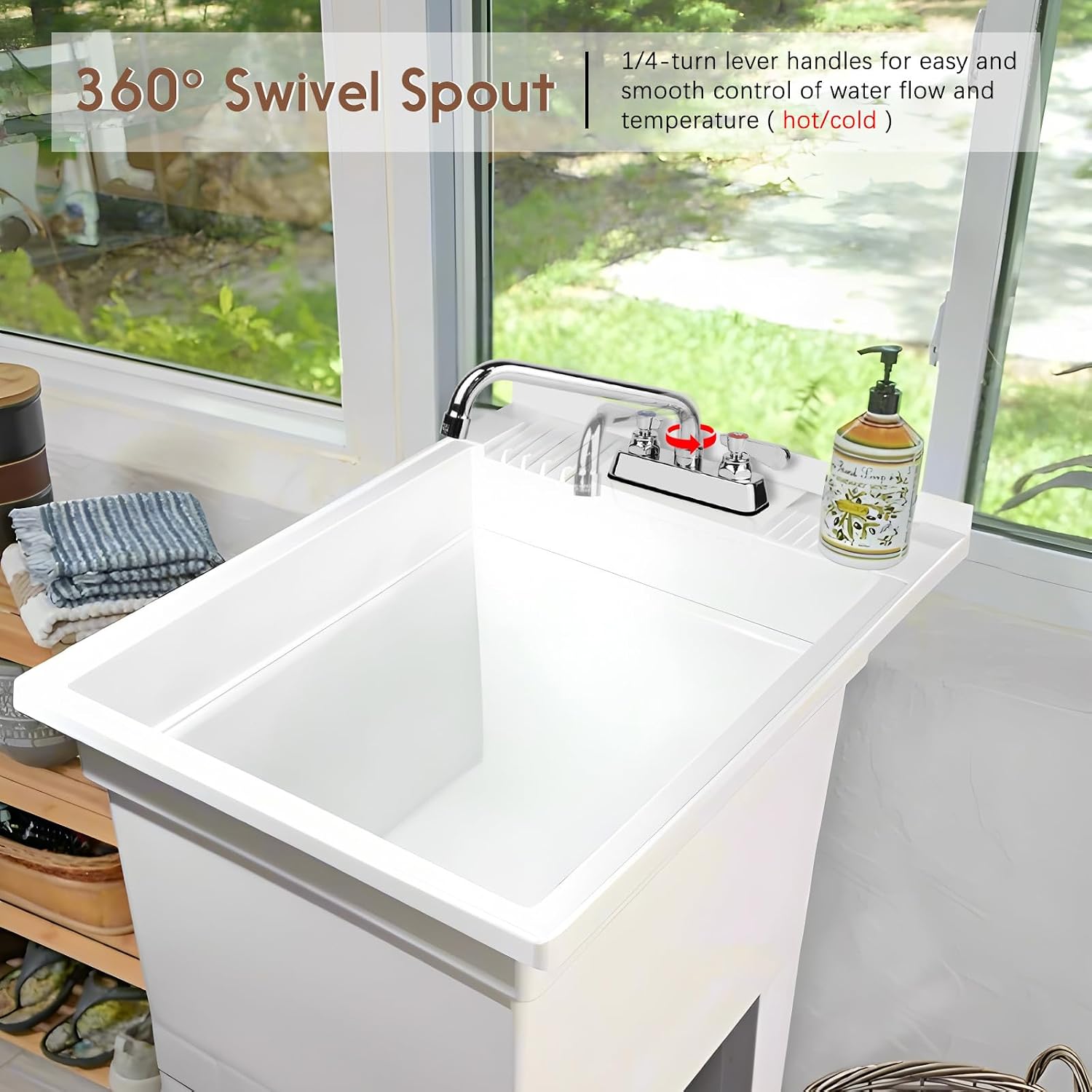 Commercial Bar Sink Faucet 4" Center Deck Mount with 12" Swivel Spout | Leak-Free Ceramic Cartridge, Solid Brass Constructed, Hand Sink Faucet for Kitchen, RV, Cafe, Laundry, Bath