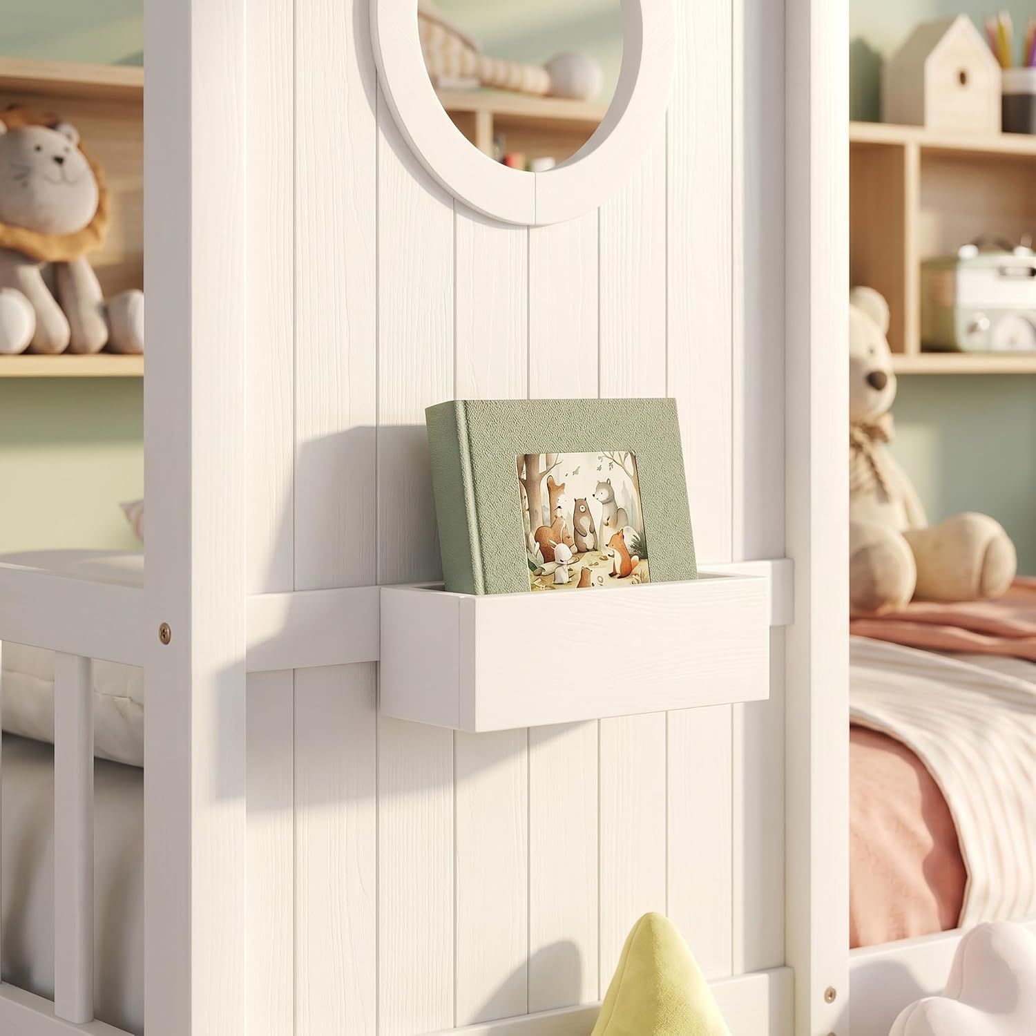 Su & Chan Legence Twin Size Bed Frames with Trundle, House Bed for Kids with Storage Shelves, White, 78" L X 44.5" W X 72" H