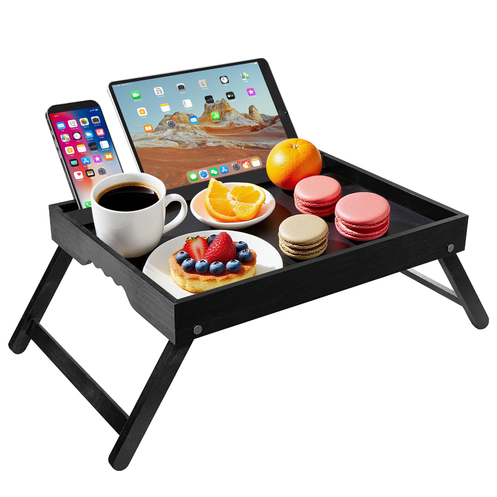 ZHONYEE Bamboo Bed Tray Table with Folding Legs Media Slot and Phone Holders - Breakfast Tray on Bed Sofa, Perfect as Laptop Desk, Snack & Kitchen Serving Platter - Black