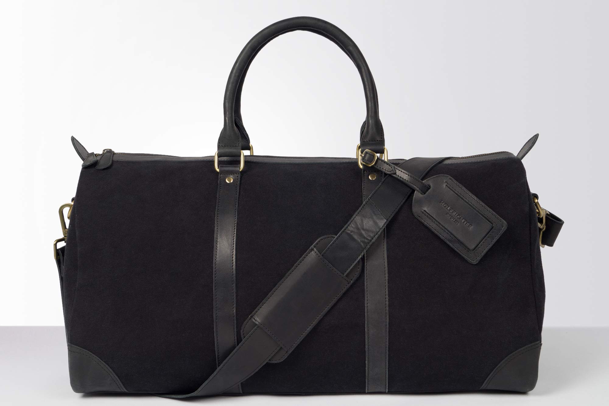 HOLZRICHTER Berlin - Weekender aus Leder & Canvas für Herren (No 8-6), Reisetasche 27x55x25 cm, Handgefertigte Umhängetasche mit Schultergurt, für Handgepäck, in Schwarz und Braun