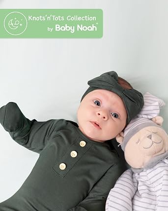 Baby Noah Newborn Knotted Gown Set with Hat and Headband, Soft Tie Bottom Newborn Sleepers for Baby Girl Boy (2 Packs)