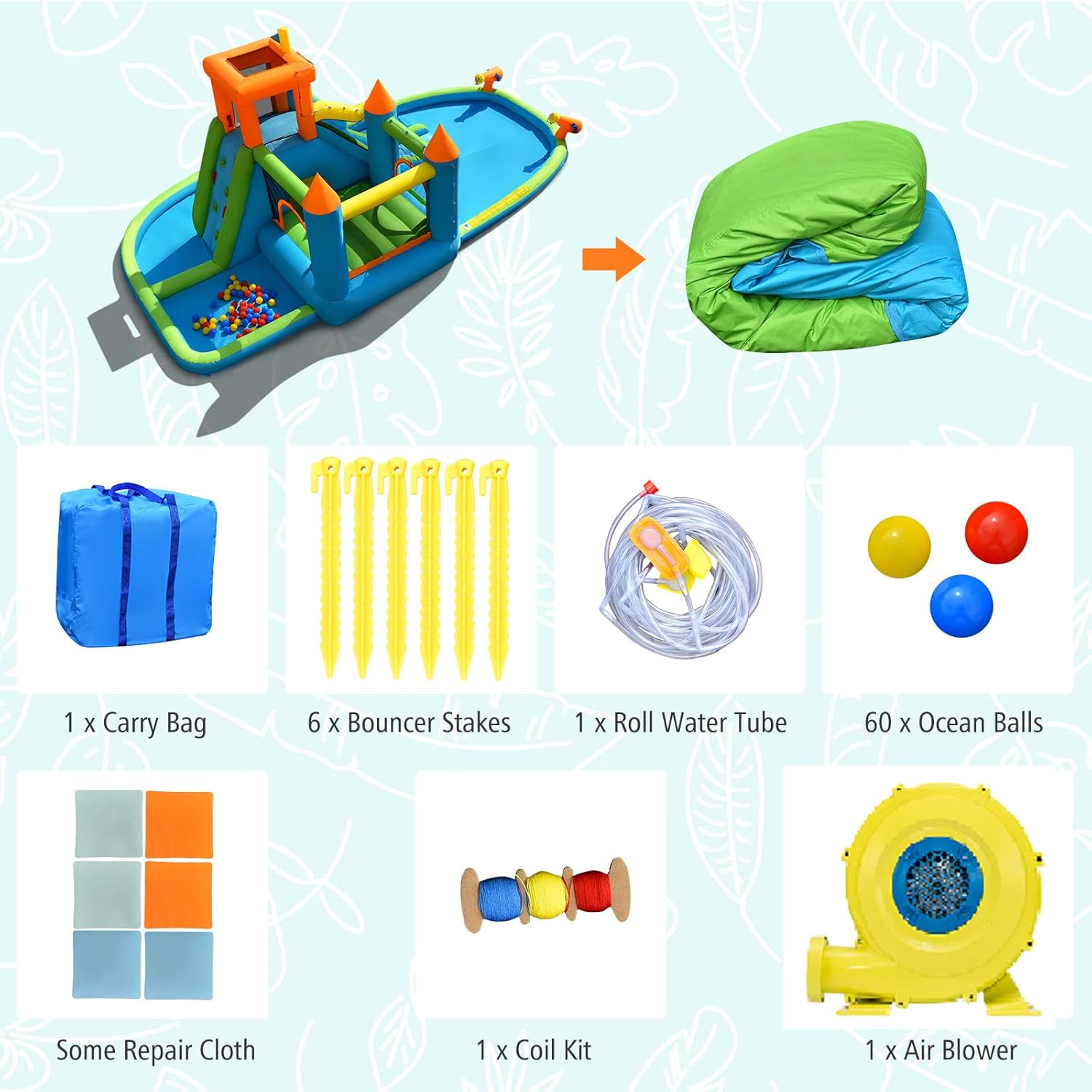 OLAKIDS Inflatable Water Slide, 8 in 1 Jumping House with Slide, Climbing Wall, Splash Pool, Tunnel, Column, 2 Water Guns, Outdoor Bouncing Park with Carrying Bag, Stakes (with 735W Blower)