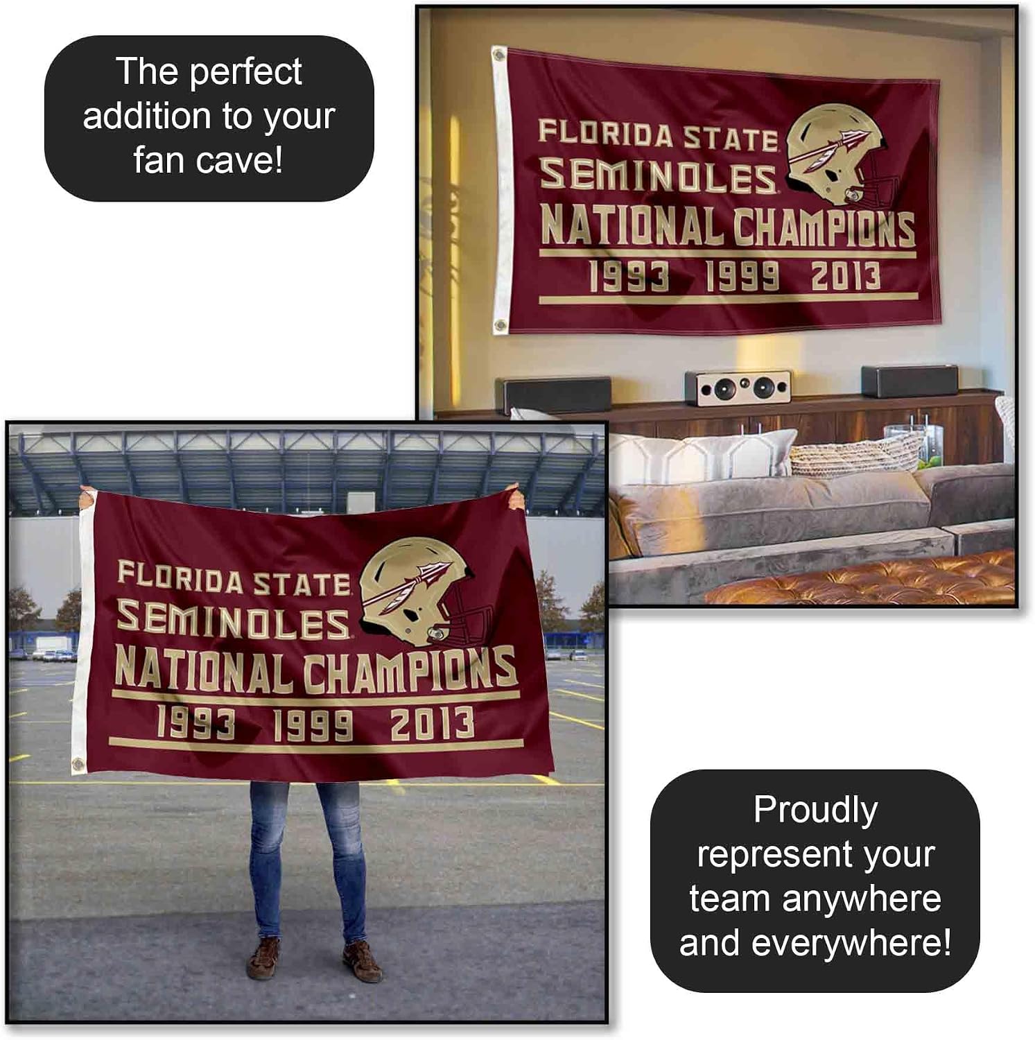 Florida State FSU Noles 3 Time National Champions Flag