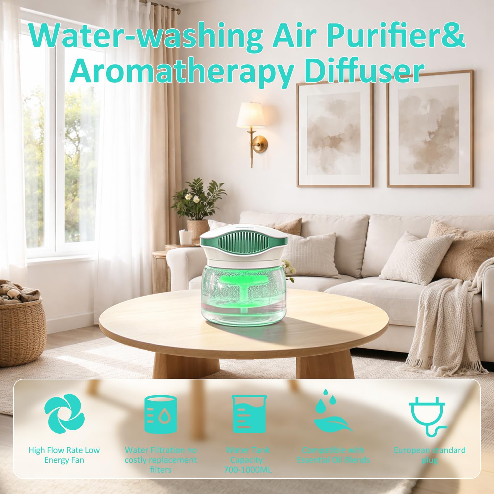 odświeżacz powietrza, nawilżacz powietrza, dyfuzor zapachowy, jonizer, 30 ml olejków eterycznych, oczyszczacz powietrza w pomieszczeniach, Water Air Purifier Based & Colour Changing LED Light