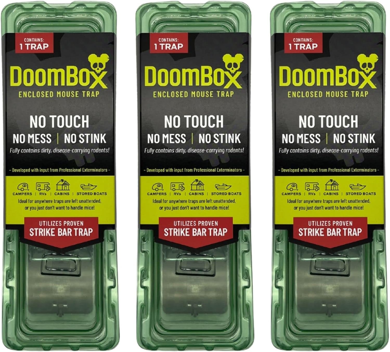 DoomBox™ Green Enclosed Mouse Trap | Keeps The Mess with The Mouse | Patented Click-It™ Closure Technology | Safe for Kids & Pets | Certified Child Resistant | Made in USA (3-Pack Green)