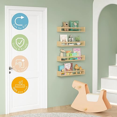 Miniatura 47 de Forbena Estantería de pared de 24 pulgadas para dormitorio de niños, juego de 4, estantes flotantes blancos para libros de bebé, niños y niñas, 1.