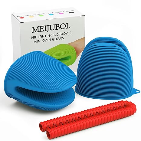 Meijubol Silicone Oven Mitts Blue with Oven Rack Protector Mini Pot Holders Sets Kitchen Gloves Small Waterproof Pinch Grips Best Rubber Short Half Oven Mitts for Baking Cooking Pair