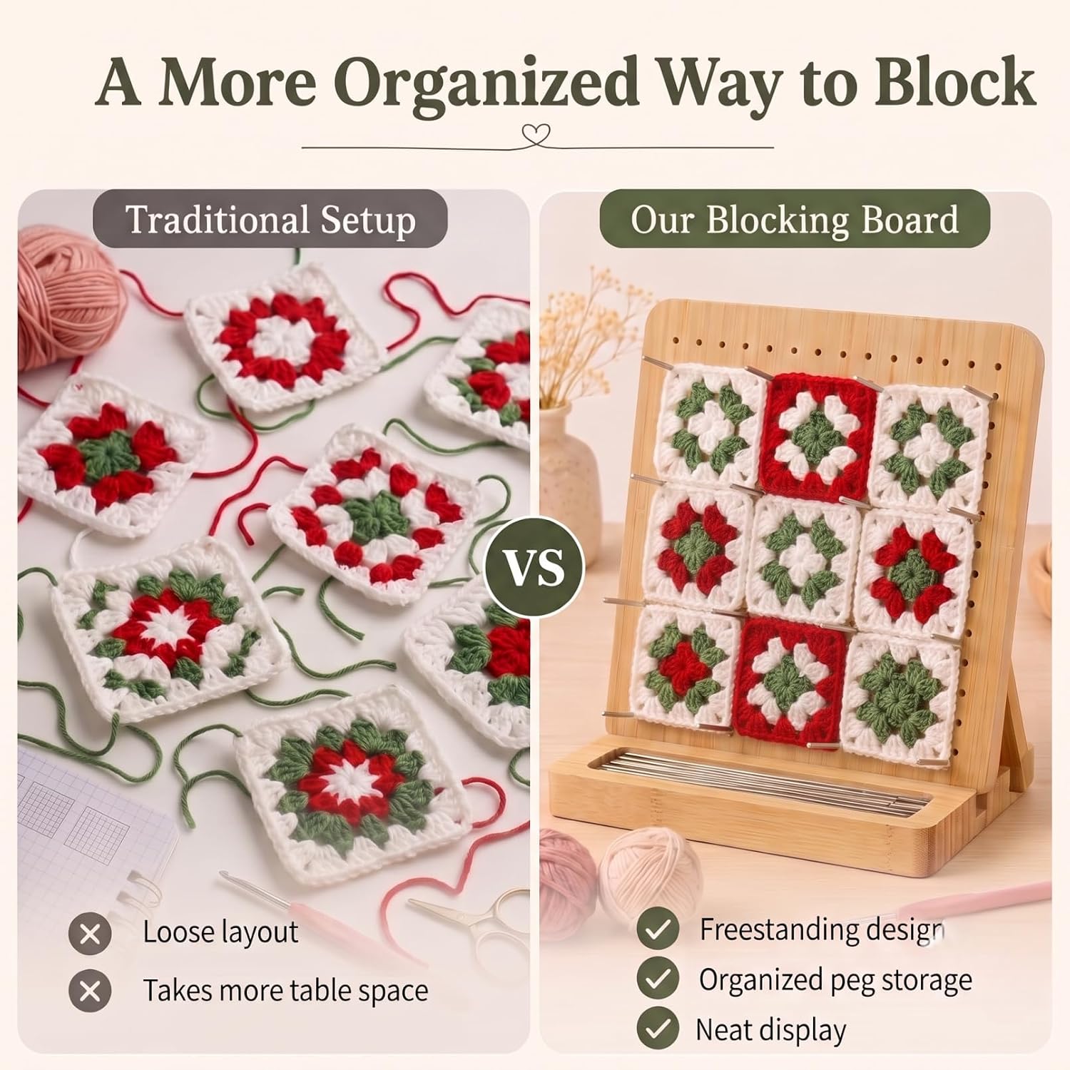 Bamboo Crochet Blocking Board with Stand, Pegs & Metal Pins, Granny Square Yarn Tool, Crochet Accessories for Knitting, Quilting Squares & Crocheter Gifts (Natural, Medium)
