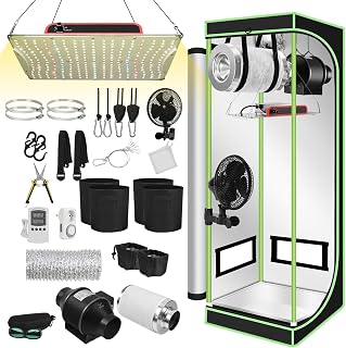 Growzelt Komplettset 60x60x140cm mit 100W LED Grow Lampe, Belüftungssystem inkl. Aktivkohlefilter, Vollspektrum Pflanzenzelt