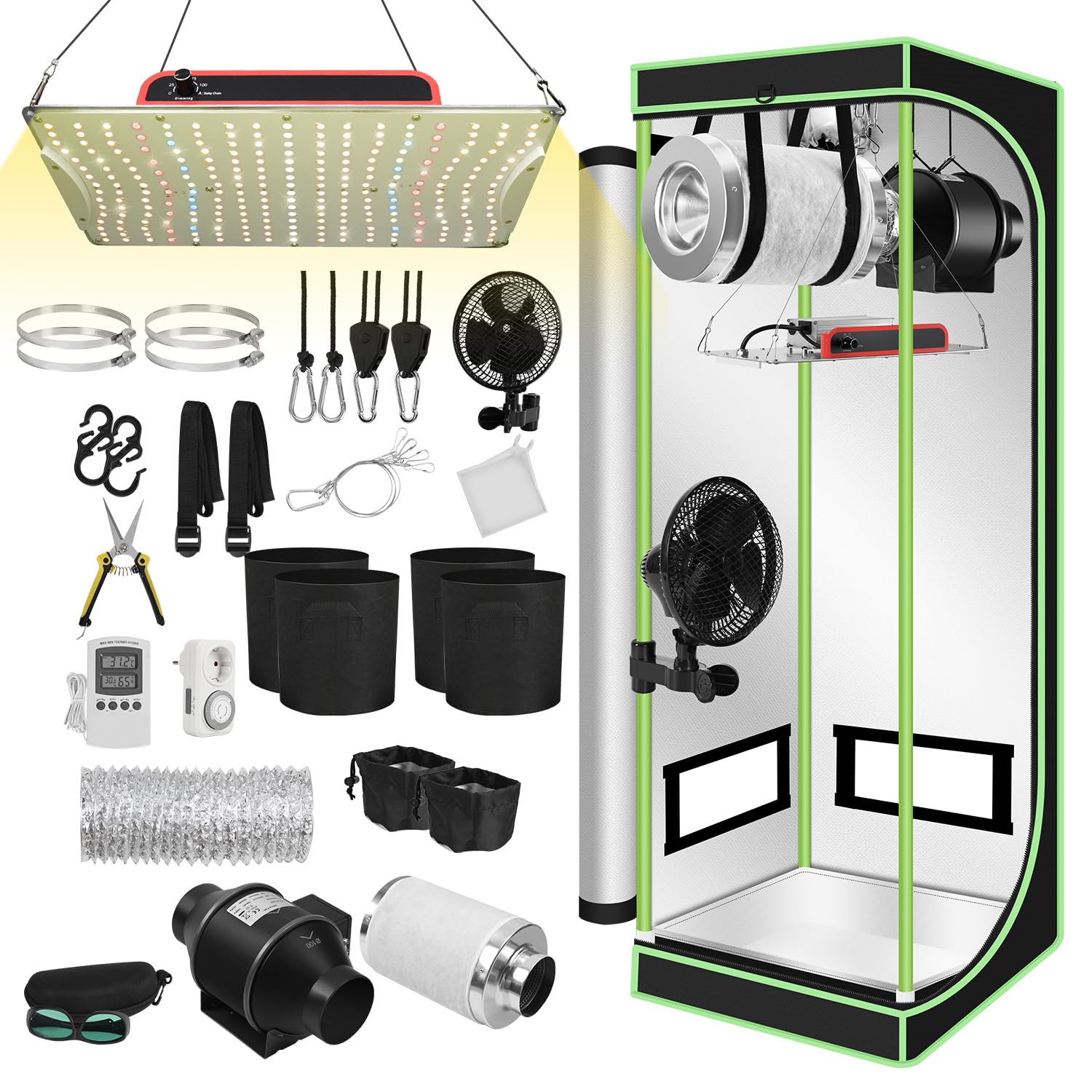 Set completo 60 x 60 x 140 cm con lampada LED Grow da 100 W, sistema di ventilazione incluso filtro ai carboni attivi, tenda a spettro completo per piante