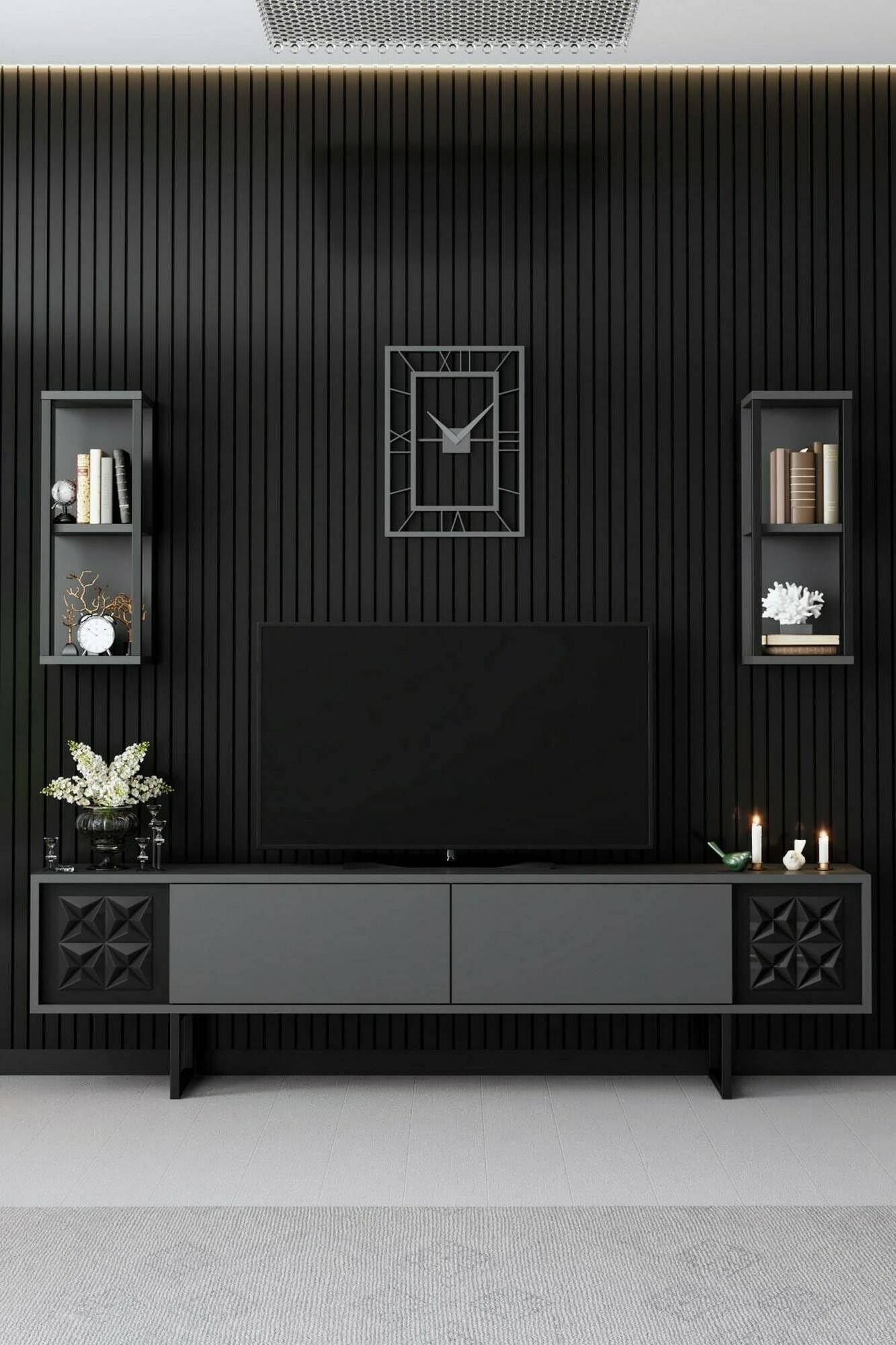 Dmora - Mobile porta TV Kaus, Credenza da soggiorno, Armadio basso per TV, Base parete attrezzata, 180x30h48 cm, Antracite e Nero