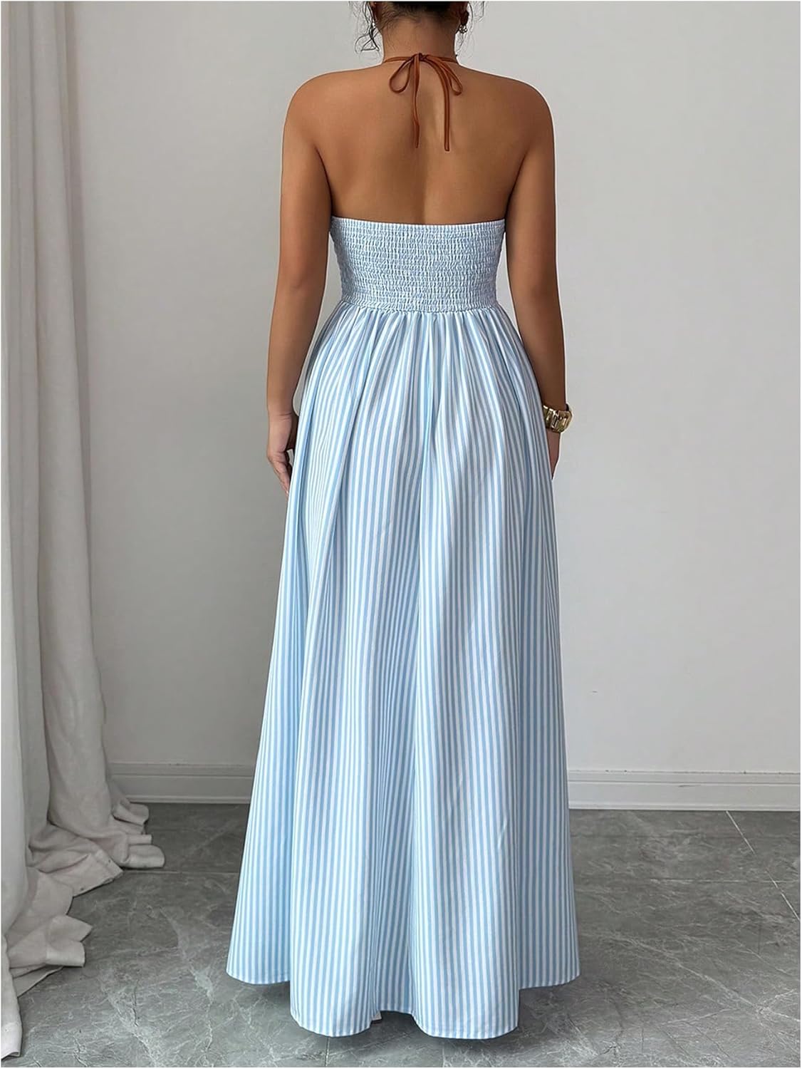 Floerns Women's Striped Halter Maxi Dress Backless Smocked Beach Vacation Boho Dress