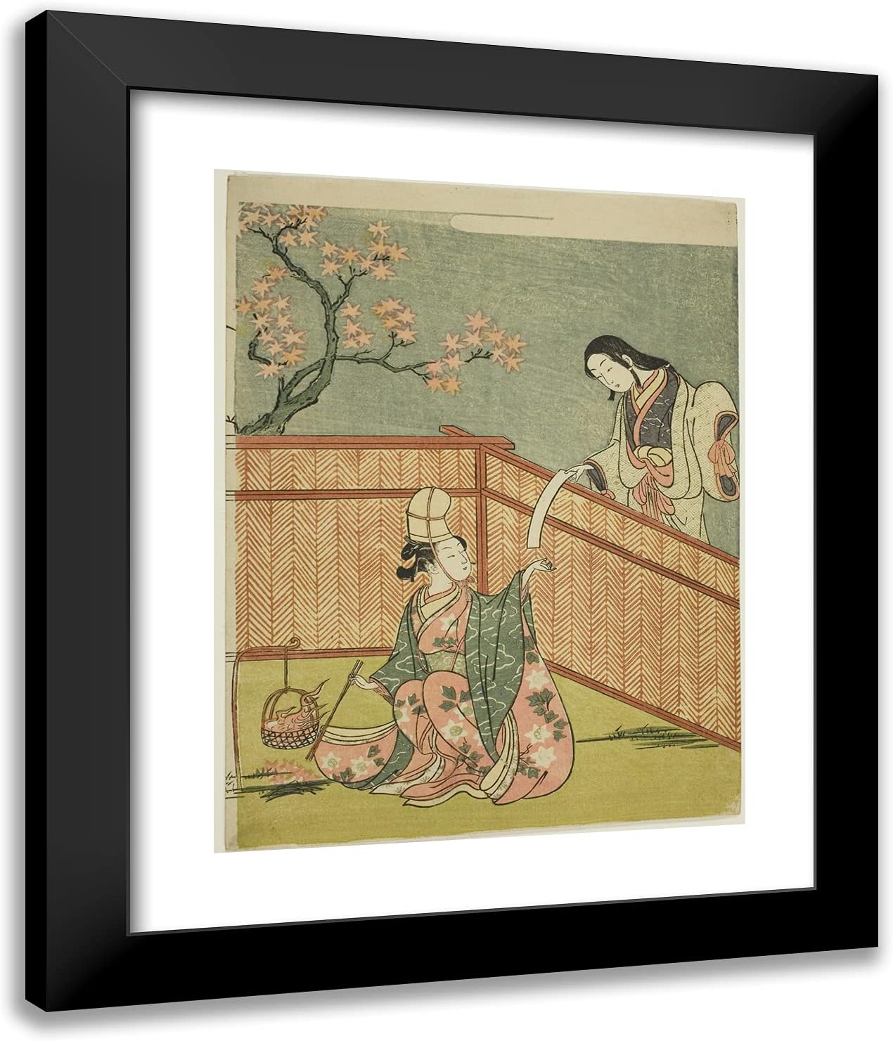 ArtDirect Suzuki Harunobu 20x24 Black Modern Framed and Double Matted Art Print Titled Burning Autumn Maple Leaves