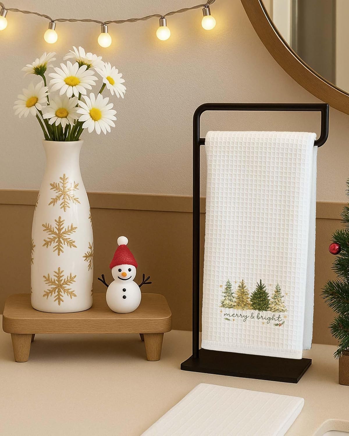 Gold Christmas Tree Kitchen Towels, Merry and Bright Xmas Tree Dish Tea Towels, Farmhouse Christmas Winter Holiday Decorative Hand Towel for Kitchen Bathroom Decor, 16x24 Inch - Image 4