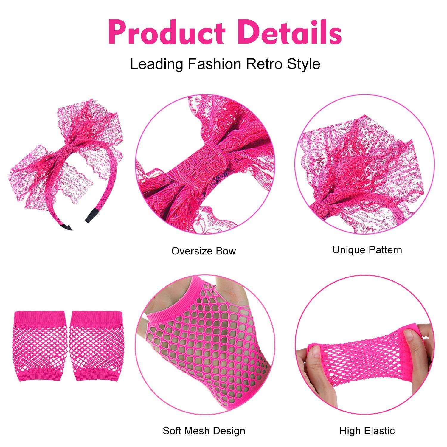 1 Piece Lace Bow Headband & Fishnet Gloves, Neon Hair Accessories for Girls 80s Style, Suitable for Parties & Celebrations - Image 3