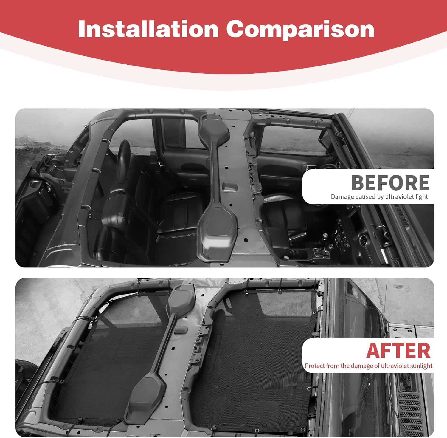 for Jeep JL Roof Sunshade, JLU Mesh Bikini Top Sun Shade Compatible with Jeep Wrangler JL JLU 2018+ for Gladiator JT 2020+ 4Door Black Exterior Accessories