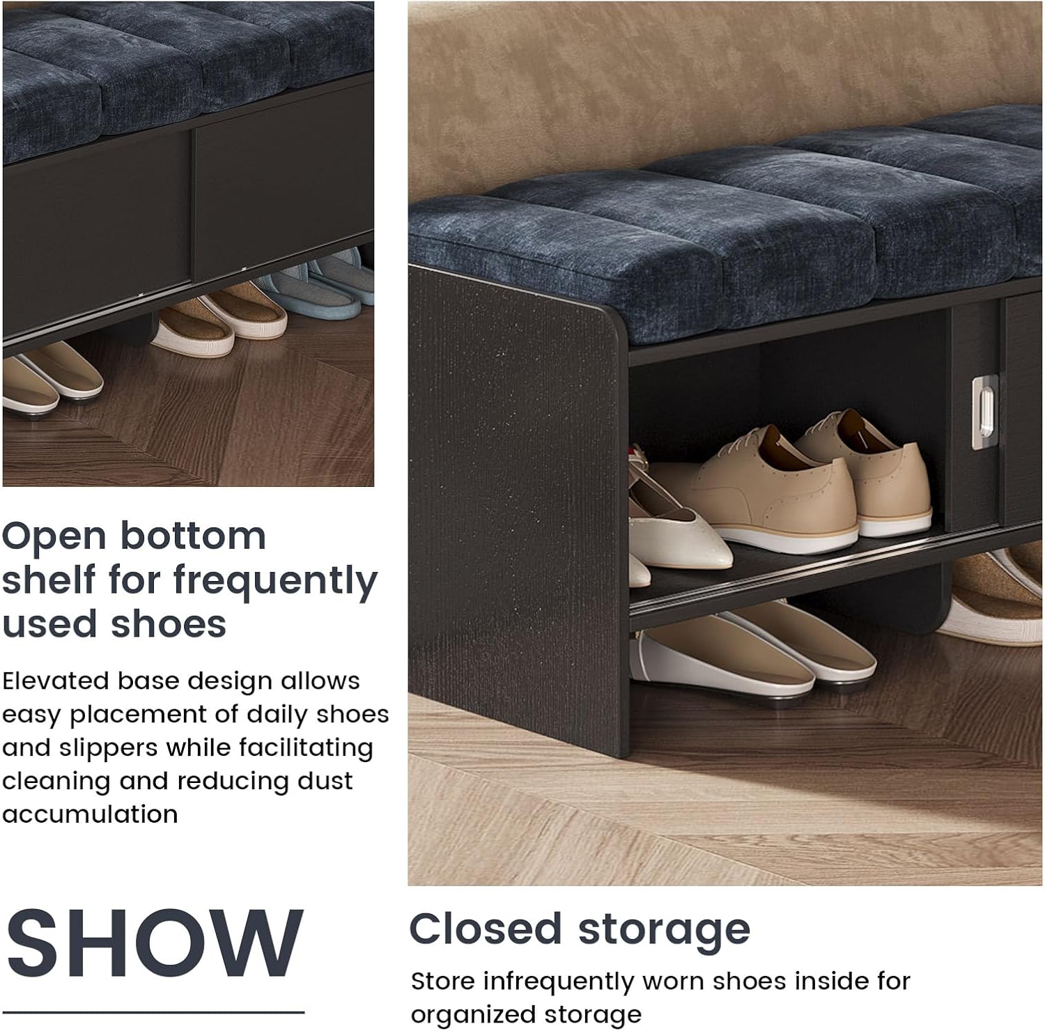 Miuuod Shoe Storage Bench Rack with Cabinet & Cushion Seat,43.3" Entryway Wooden Organizer Ottoman, Narrow Hallway Furniture with Tier Shelves, Hidden Door Storage for Bedroom, Living Room, Dorm
