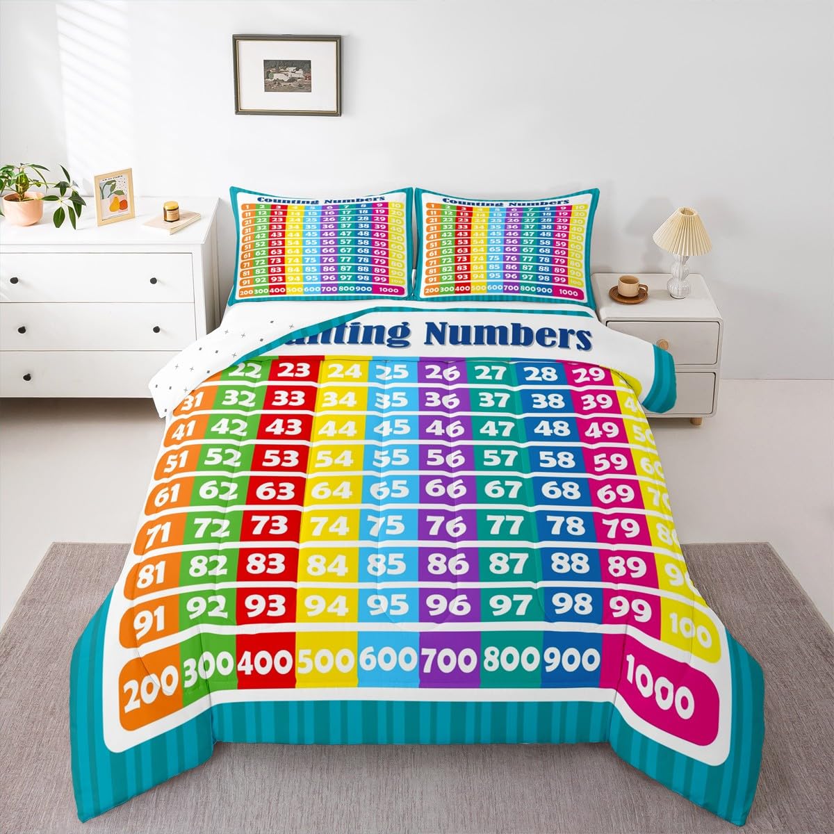 Feelyou Numbers Alphabet Bedding Set Queen, Educational Learning Comforter for Kids Boys Girls Numbers Comforter Set Learning Time Duvet Set with 2 Pillow Case