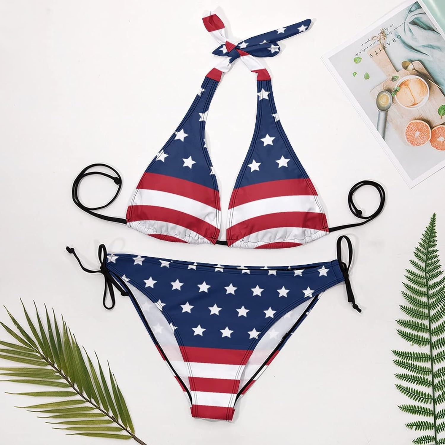 Adugen Origei American Flag Women's Bikini Swimming Costume Triangle Bathing Swimsuit Beach Party M