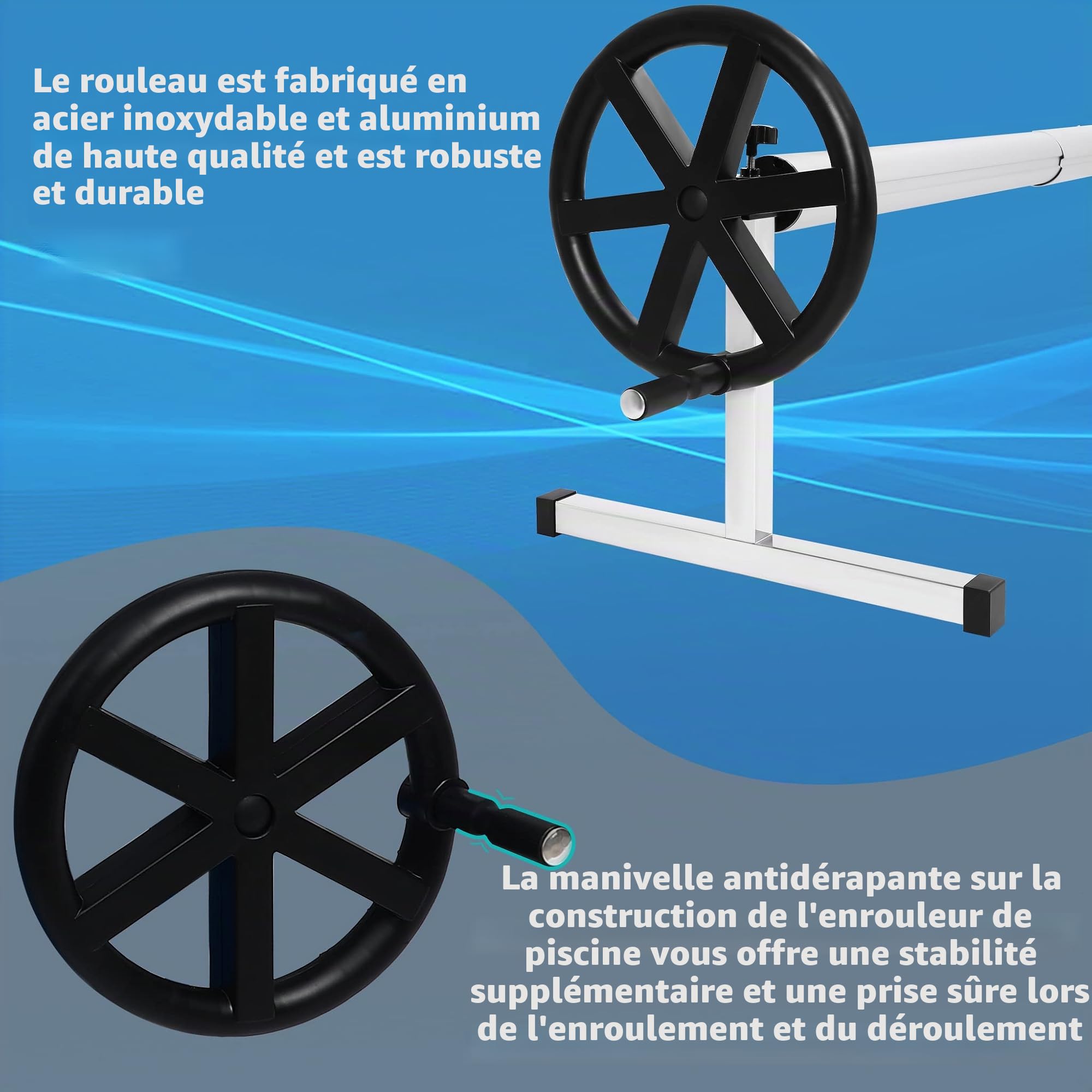 Aufun Enrouleur de Piscine de qualité supérieure - 3 à 5,70 m - Système d'enroulement Mobile pour bâche de Piscine et Housse - Enrouleur Mobile en matériau résistant aux intempéries-Fixation et Roues