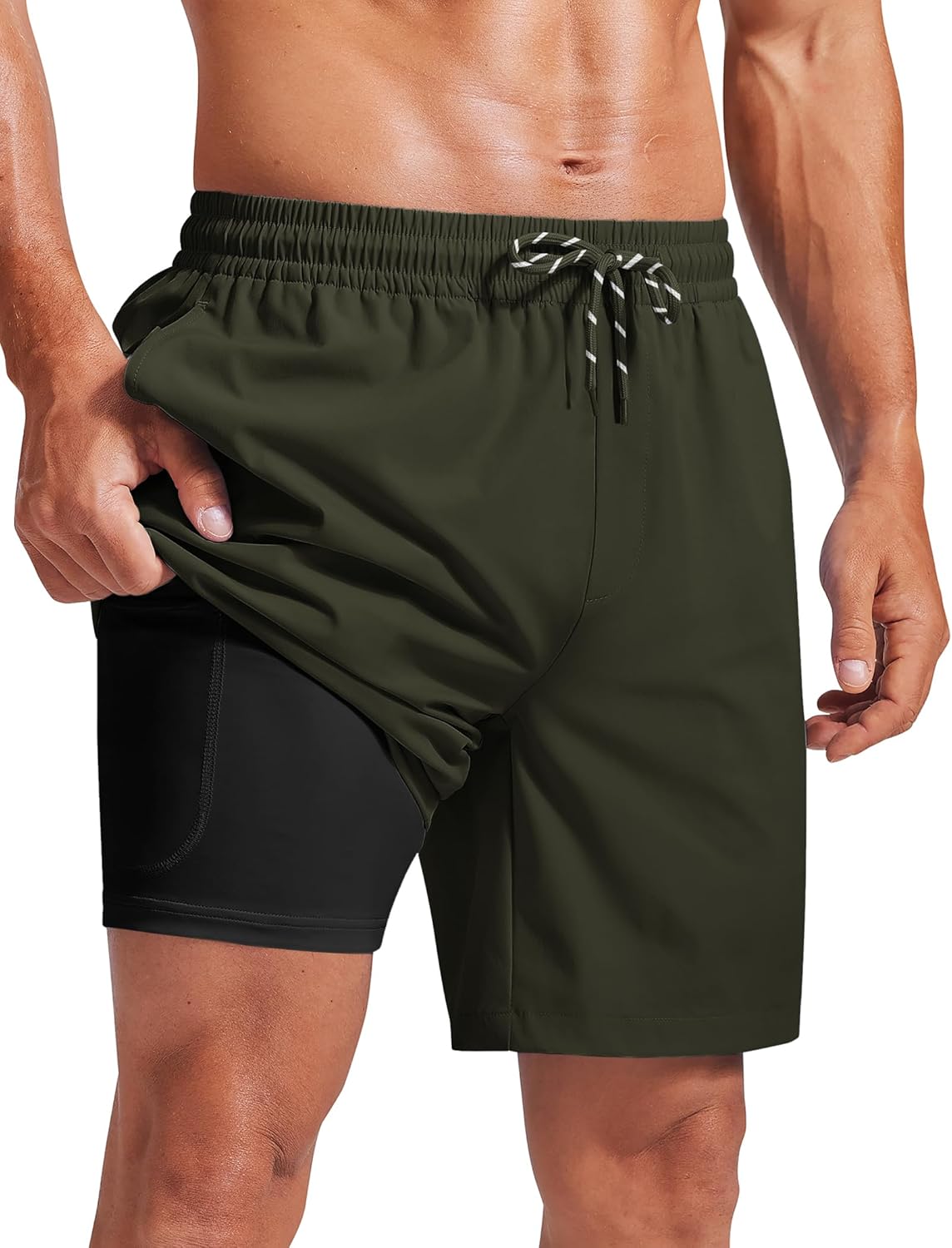 COOFANDY 2 in 1 Mens Swim Trunks 7 Inch Quick Dry Board Shorts Beach Swim Shorts Bathing Suit with Compression Liner
