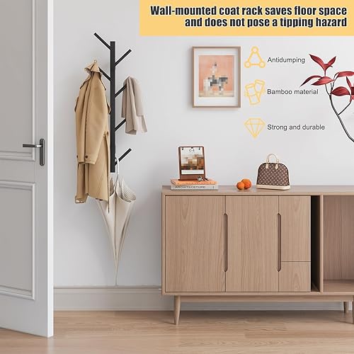 Miniatura 4 de Perchero de pared vertical de bambú para pared, perchero de pared, árbol, perchero, perchero flotante para sombreros, chaquetas, bolsos, entrada y