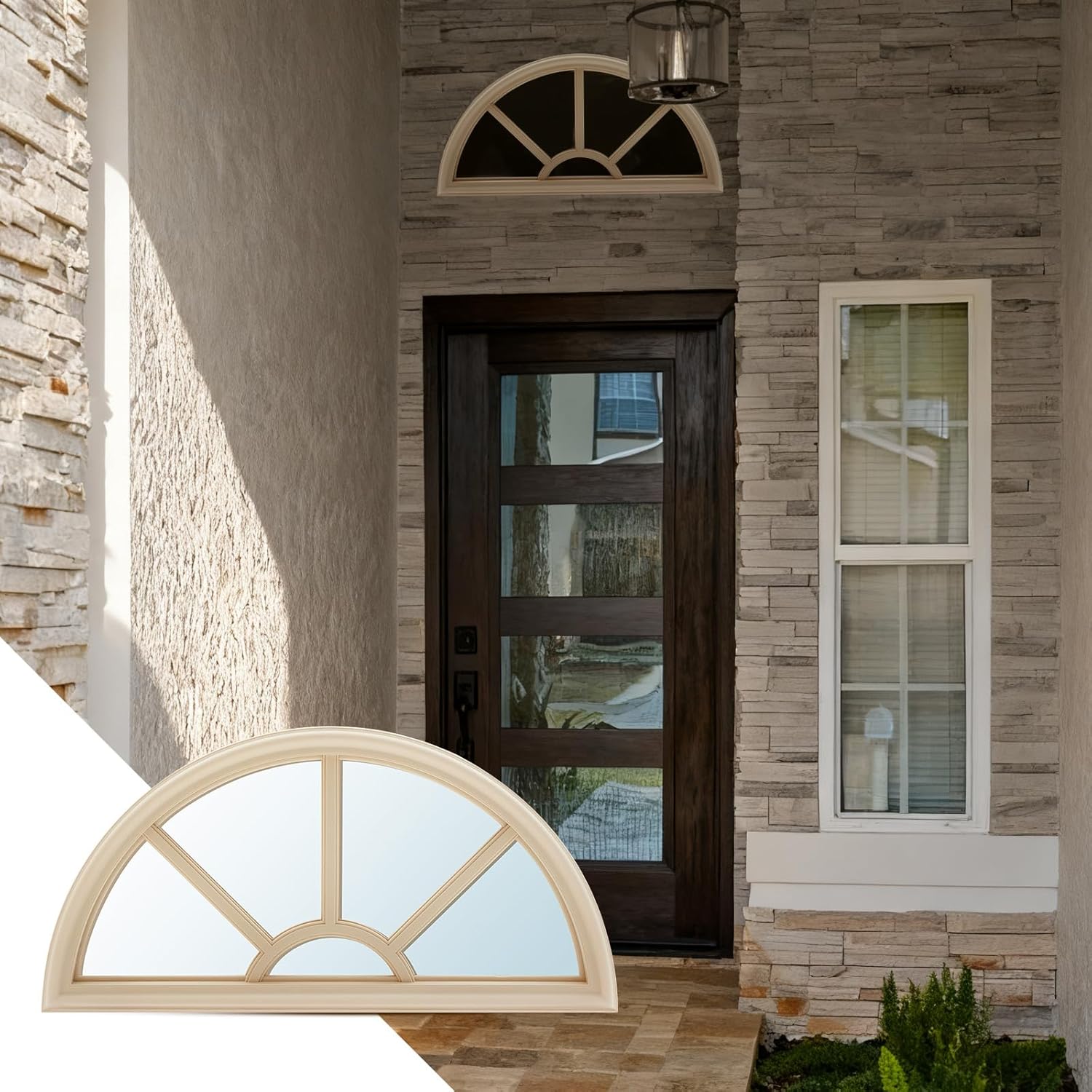Pushglossy 22" x 10" Entry Door Glass Insert Half Round Top Exterior Door Window Inserts Replacement Kit for Home Improvement(5 Lite Low-e Glass,Tan)