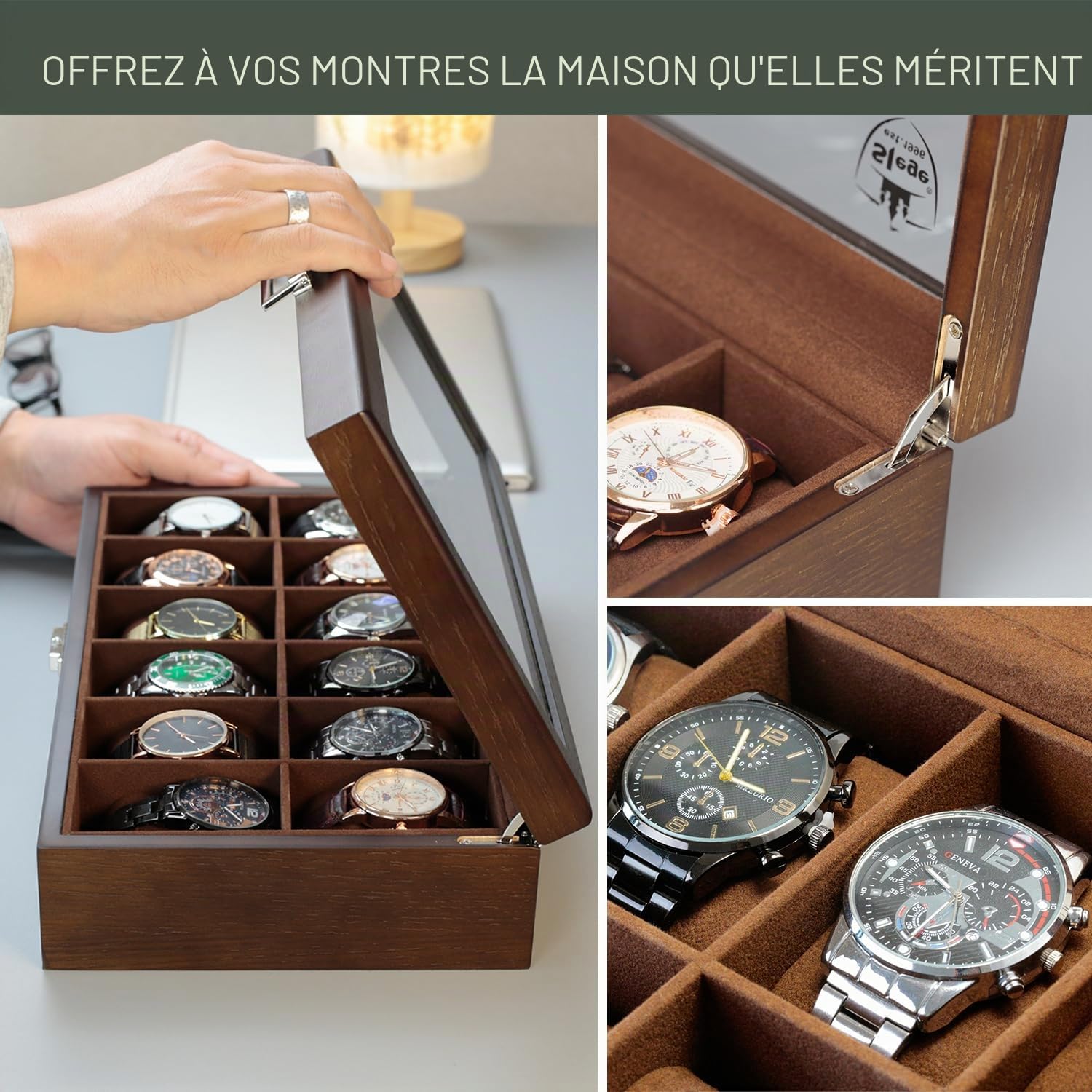 Slege Boîte à Montres en Bois,Boîte de Rangement pour 12 Montres-Cave à Montre pour Homme et Femme - Boîte à bijoux avec couvercle en verre,Support de montre,Watch Box Cadeaux(Marron)