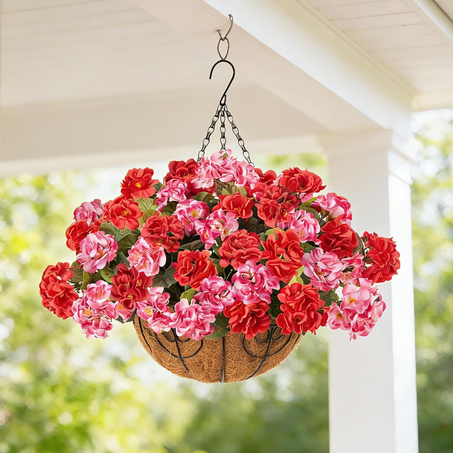 INSPRING Geraniums Artificial Flowers Hanging Basket for Outdoors Outside Spring Decoration, 8 Bundles Silk Flowers Fake Plants Look Real UV Resistant for Porch Home Patio Balcony Yard, Red Pink
