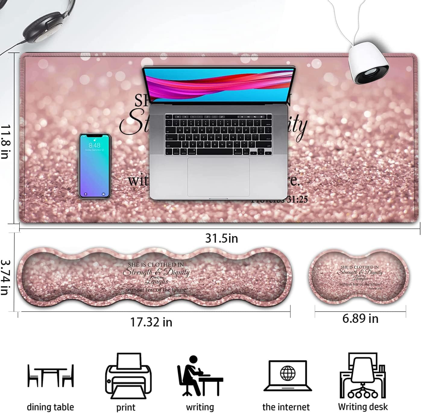 Large Gaming Mouse Pad,Extended Office Desk Mat,Waterproof Desk Writing Pad for Office/Home Ergonomic Mouse &Keyboard Wrist Rest,Proverbs 31:25 Bible Verse Laptop Desk Pad Pink Mousepad Wrist Support