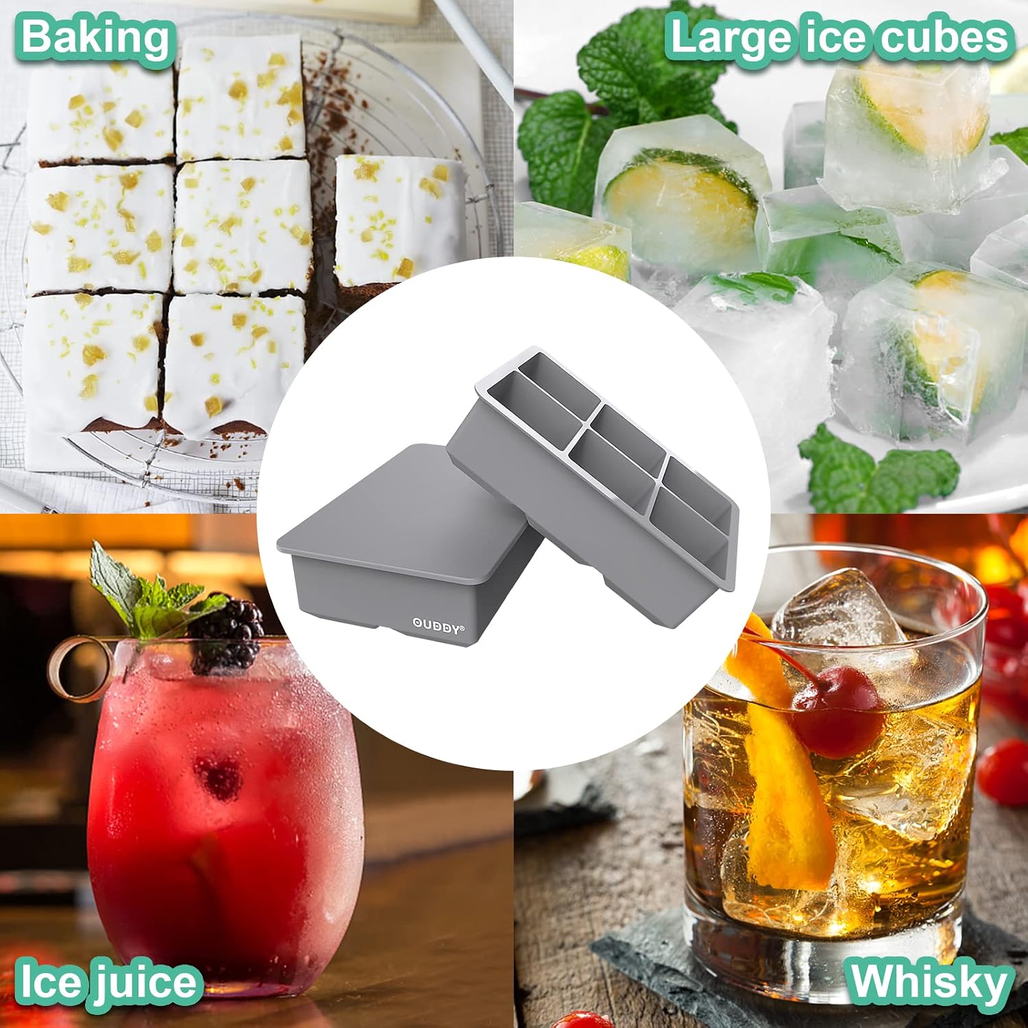 Large Ice Cube Tray Set of 2, Silicone Ice Cube Trays with Lid & 2 inch Flexible 6 Cavities Ice Trays for freezer, Reusable BPA Free Silicone Ice Cube Mold for Whiskey, Cocktails, Homemade(Grey)