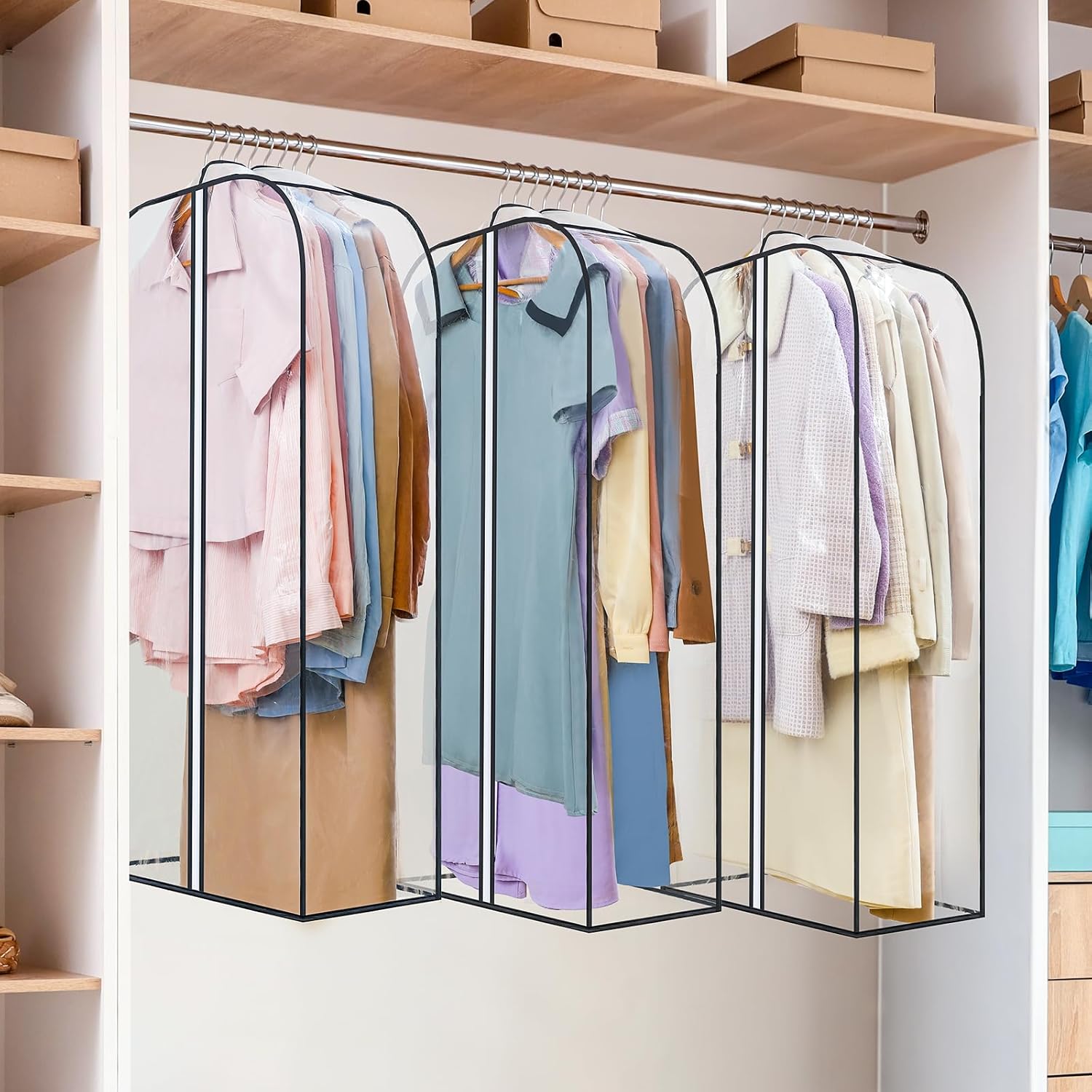 LANDNEOO 6 Pack Clear Garment Bags for Hanging Clothes with Zippers on Double Sides - 10'' Clothes Storage for Coat, Dress, and Fur in Closet - 40'' Long Suit Bags - Image 6