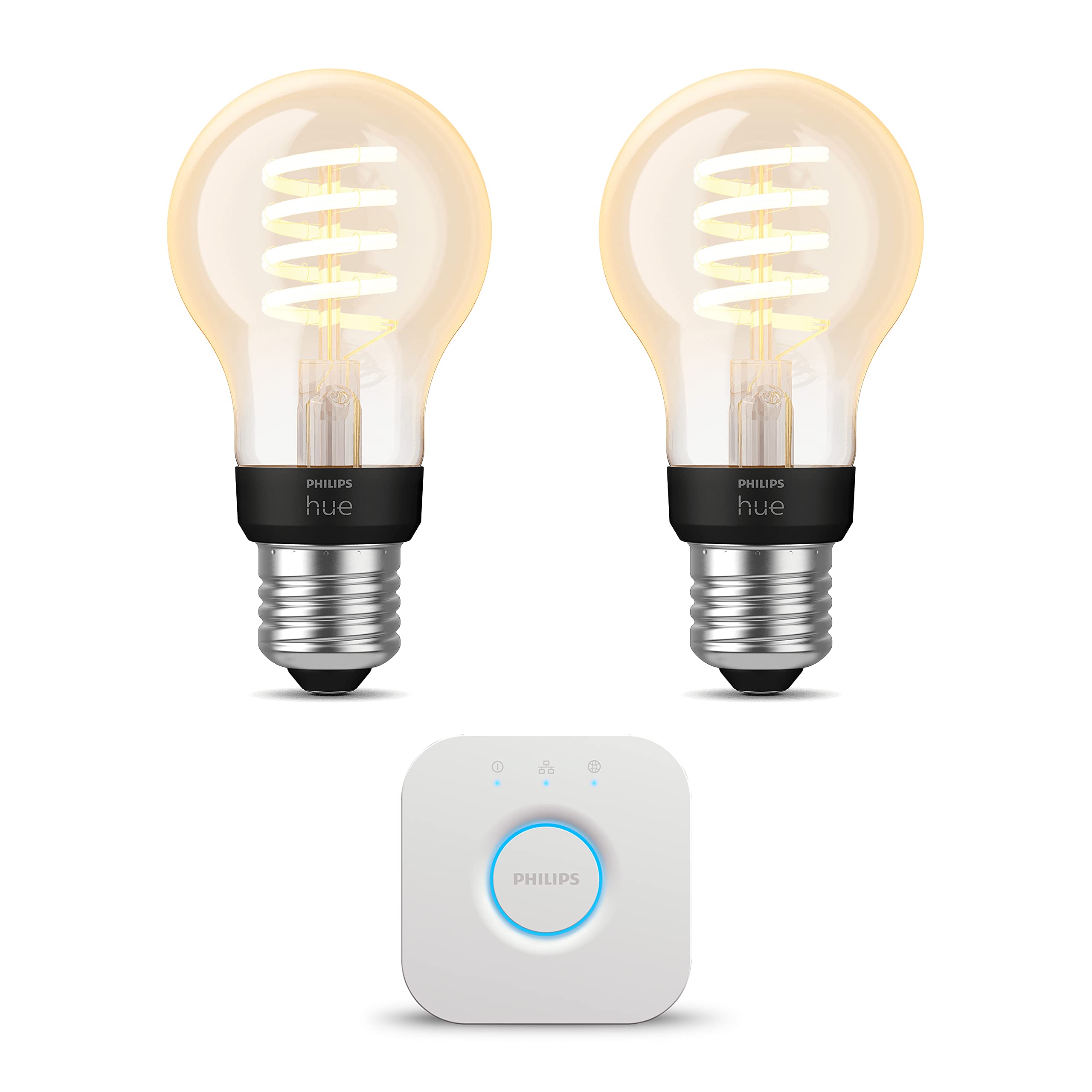 Philips Hue Starterpaket - E27 - mit 2 Filament Standard Lampen (A60) - Warm bis Kaltweißes Licht - inkl. 1 Hue Dimmschalter - Hue White Ambiance Filament