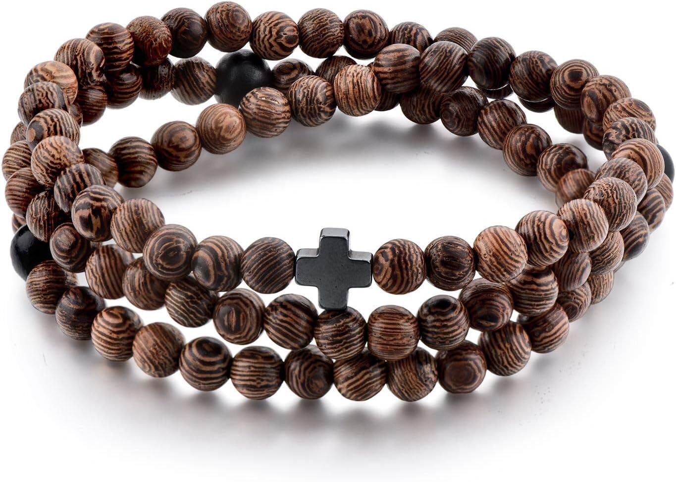 Christian Prayer Beads Rope Bracelet | Wooden Beads + Hematite Cross | Women Men Children | Great Gift for any Occasion!