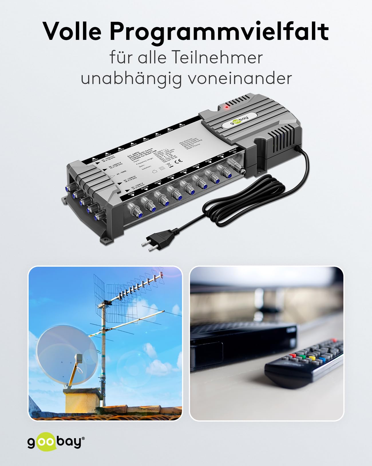 goobay 64876 Multiconmutador satélite/Multiconmutador Compacto / 5 entradas / 16 Salidas / 4K, 8K UHD/Dab+ / para 168 participantes