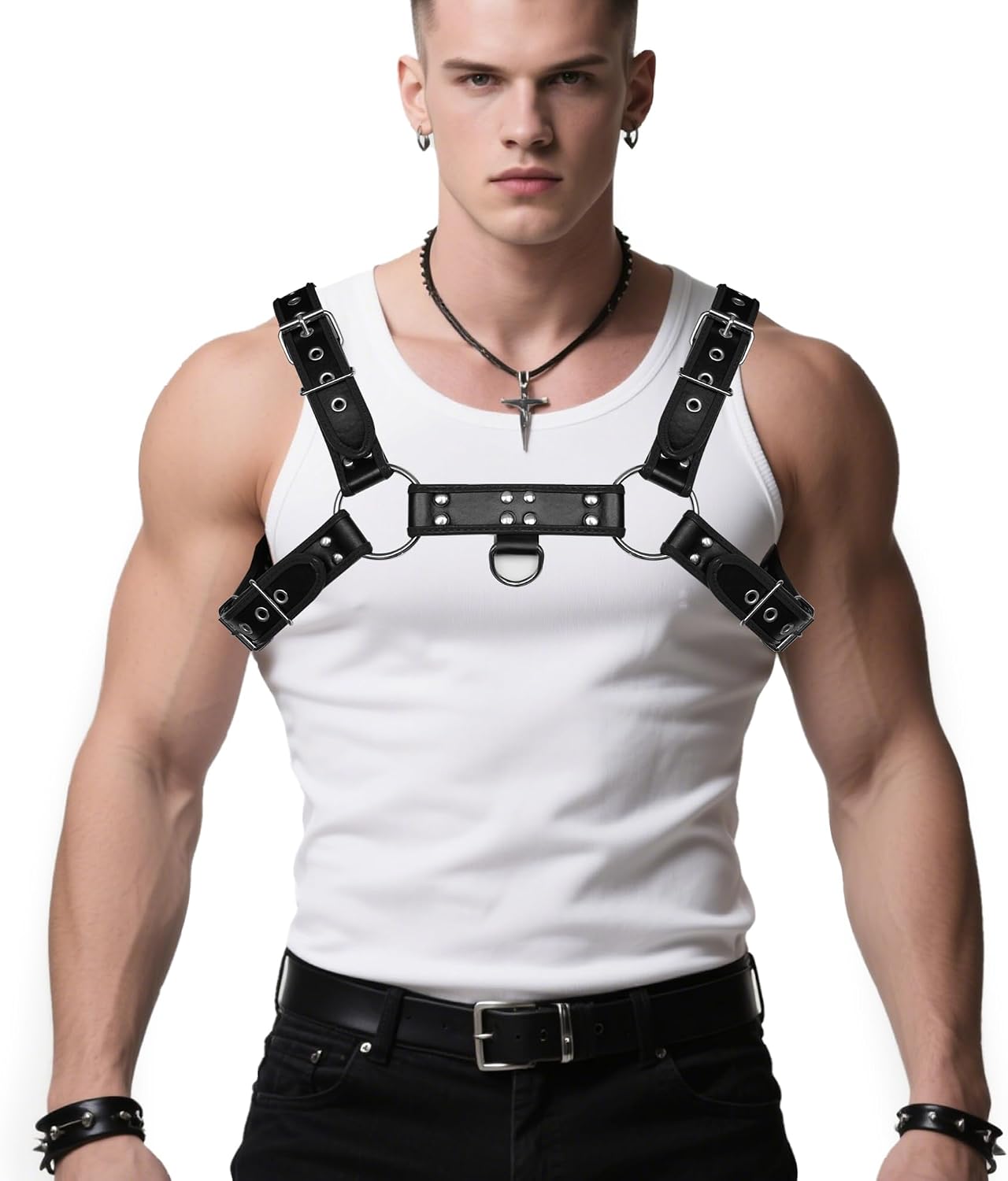 Men‘s Leather Body Chest Harness PU Suspenders Shoulder Belt Strap Adjustable Buckle Cosplay Garter Belt