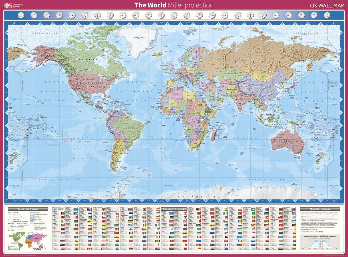 World Map Poster Large | Laminated | Ordnance Survey OS Wall Map | Miller World Projection