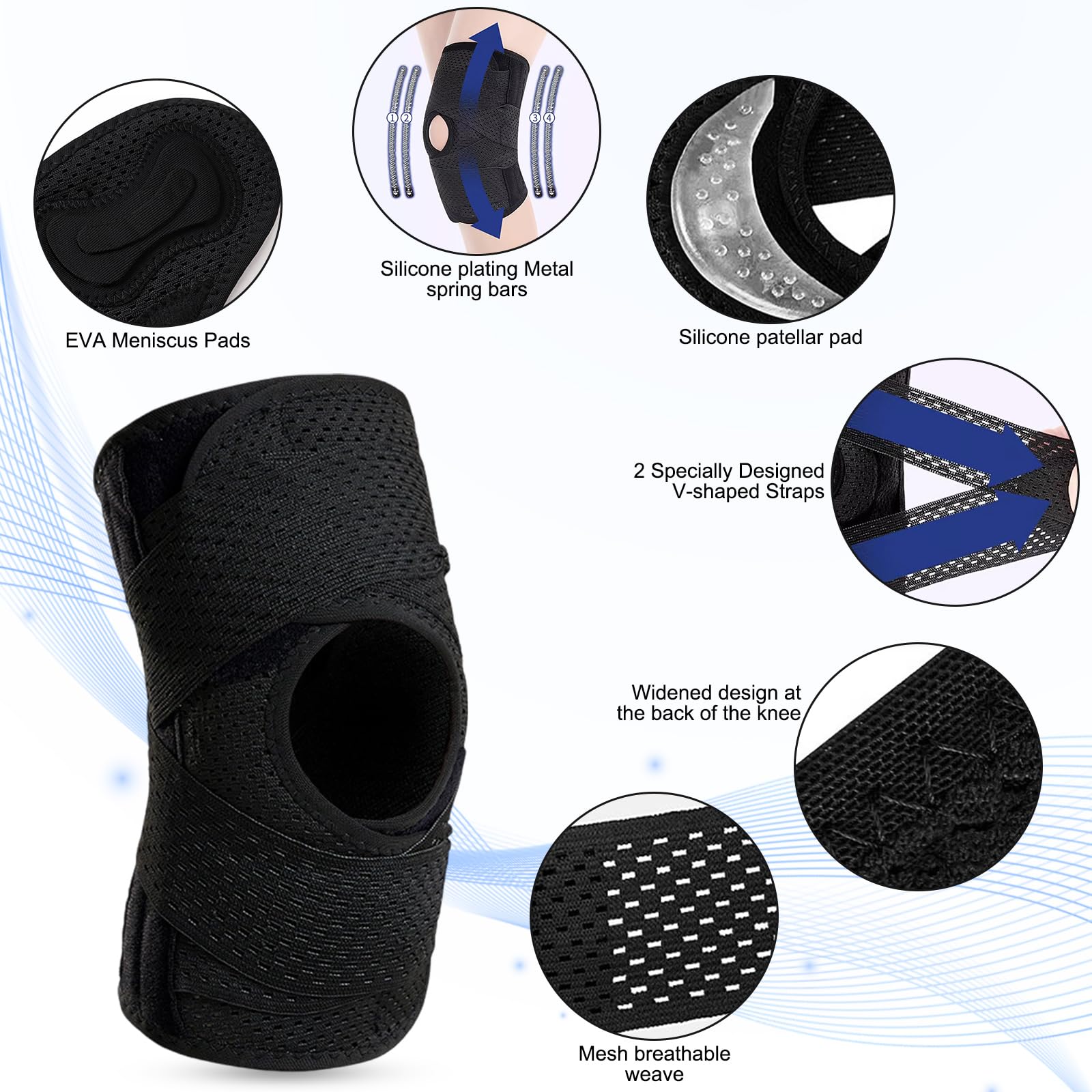 Tutore Ginocchio con Stabilizzatori Laterali e Supporto Rotuleo, Ginocchiera Regolabile con Cinghie Incrociate, Supporto Compressivo per Menisco, ACL, Artrosi e Sport
