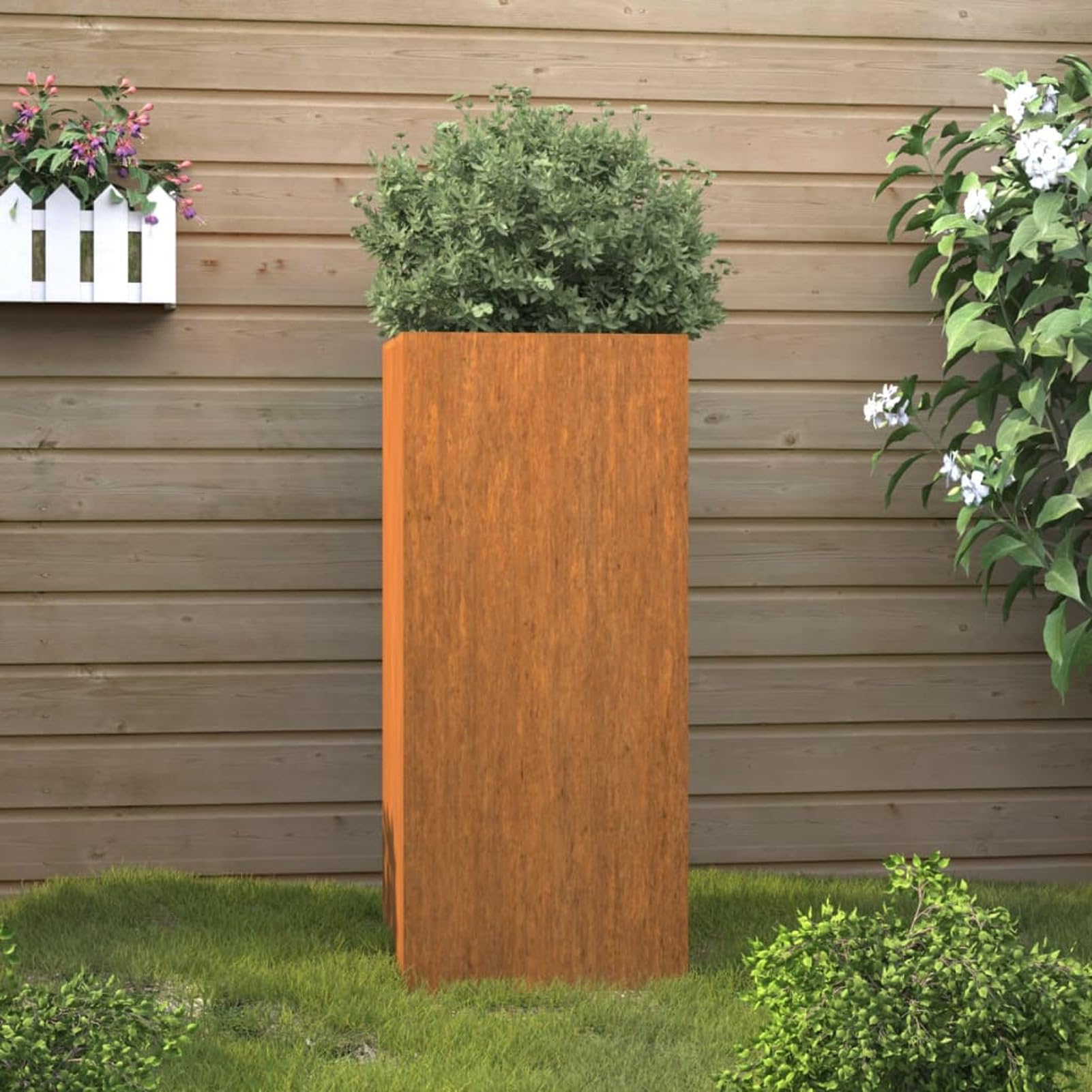Sadzarka na kwiaty 32x27,5x75 cm Stal corten, ogrodnik na nogach, taca z kratką, taras ogrodniczy