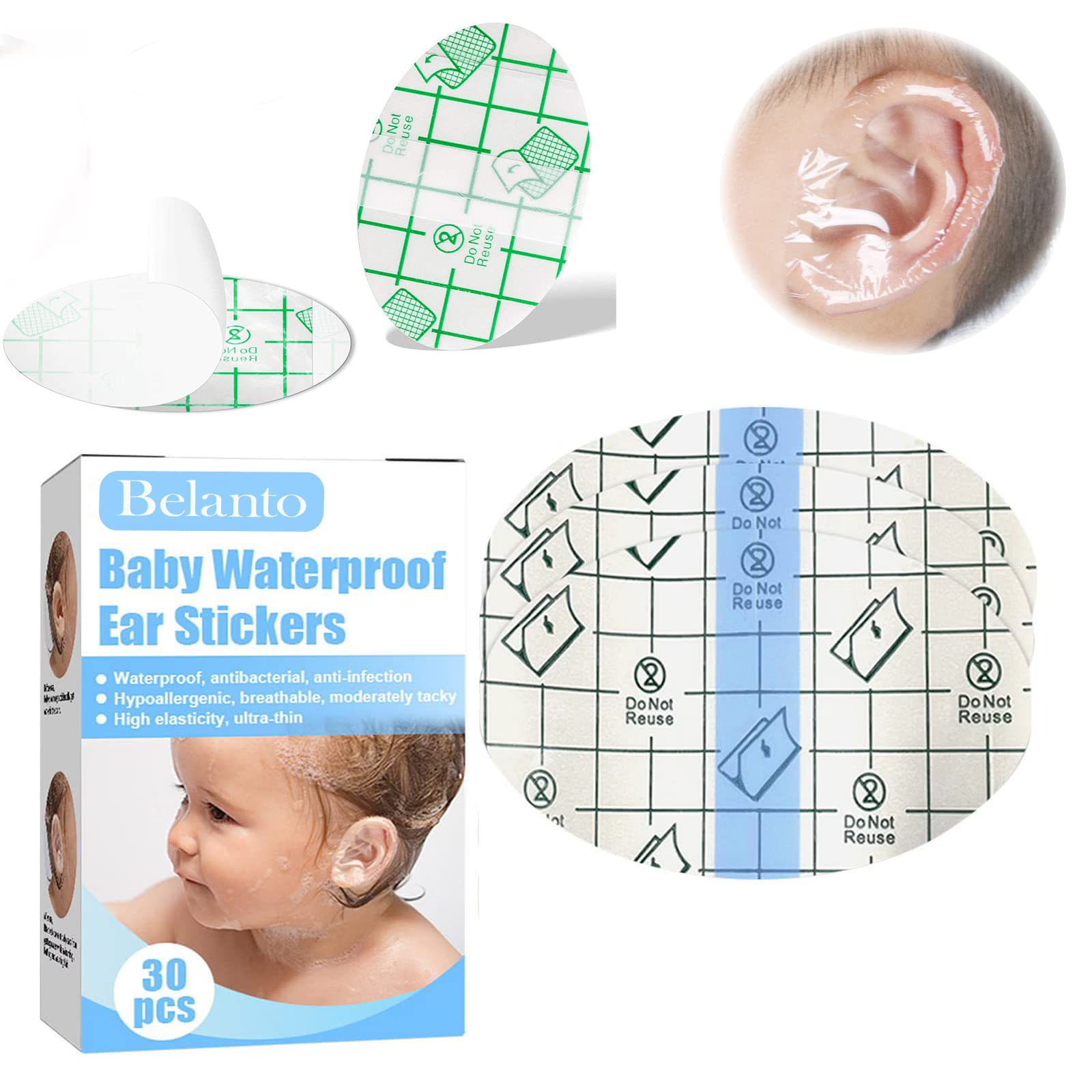 Baby Waterproof Ear Protector for Bathing 30pcs, Self-Adhesive Ear Cover Sticker for kids, Newborn Baby Ear Protection for Bath Shower, Swimming, Showering, Water Sports, Invisible Heel Protector