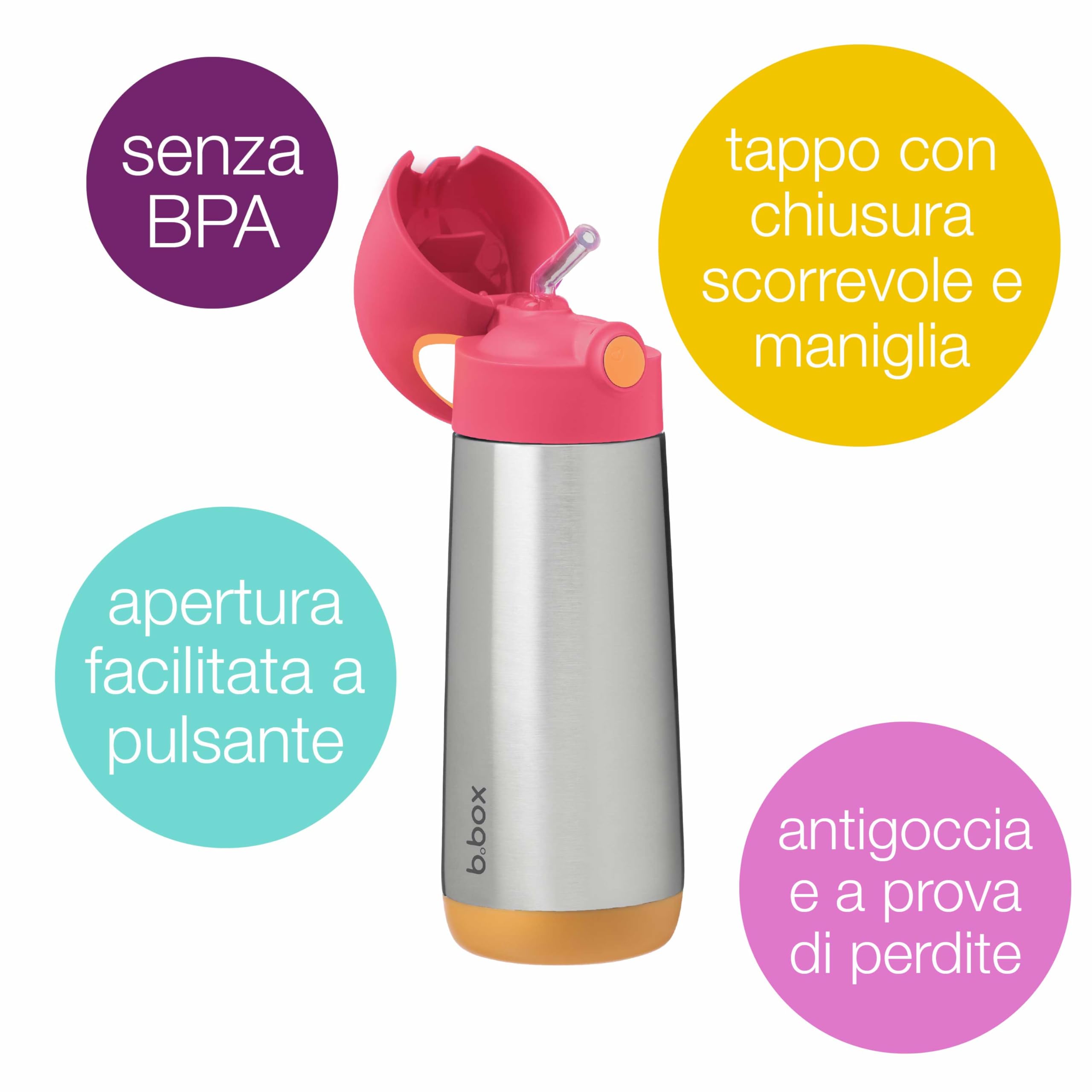 b.box Borraccia Termica | Borraccia Bambini in Acciaio Inossidabile a Doppia Parete | Mantiene le Bevande Fredde Fino a 15 Ore, Calde fino a 8 Ore | 500 ml