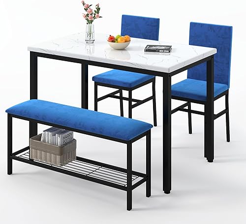 Miniatura 8 de HUGROVE Juego de mesa de comedor de 4 piezas para 4, mesa de cocina de 47.24 pulgadas con banco y sillas tapizados de terciopelo, juego de mesa de
