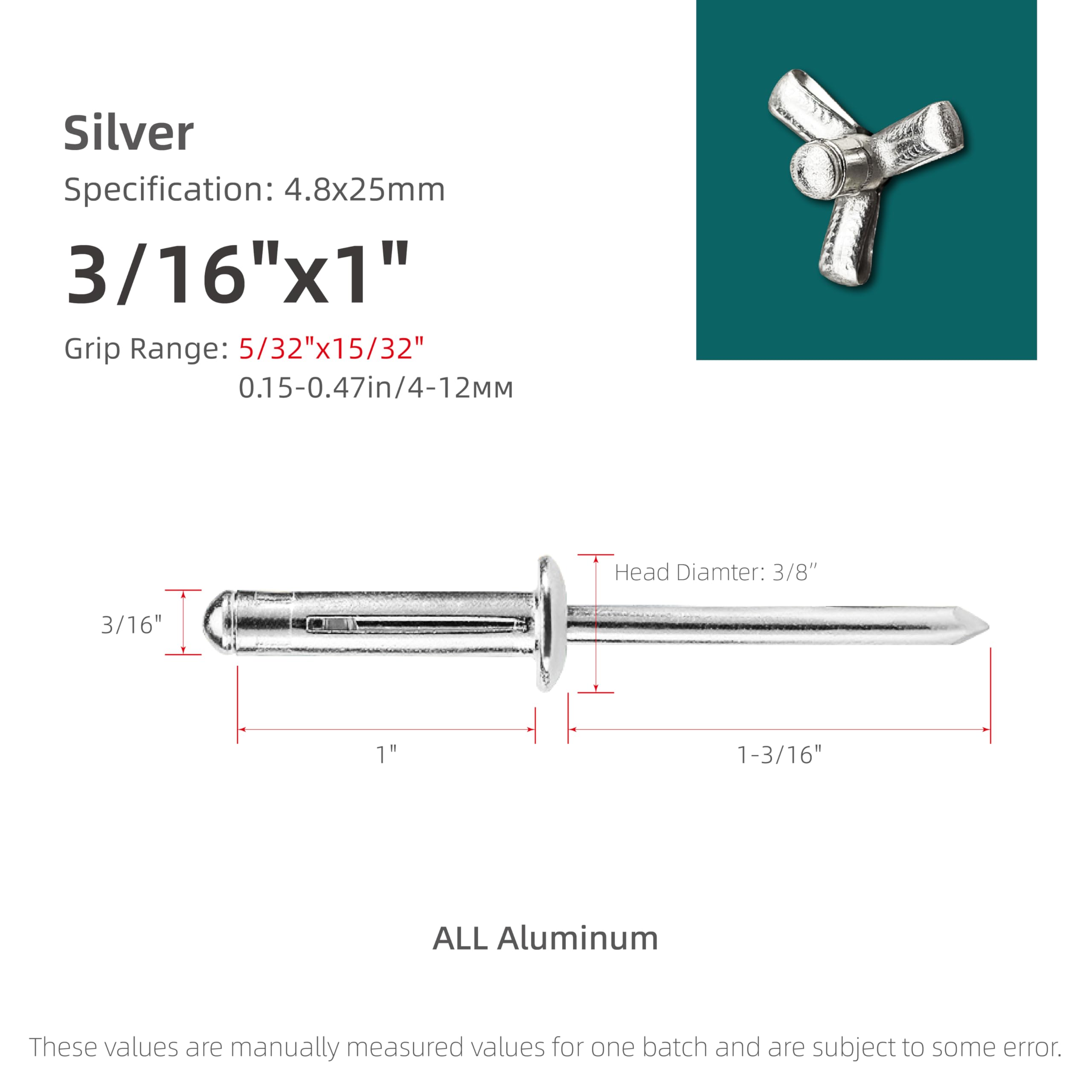 Triple Expansion Aluminium Blind Rivets, Assortment of Bulb Rivets for Plastics or Soft Materials (Silver, diameter 4.8x25mm - Image 2