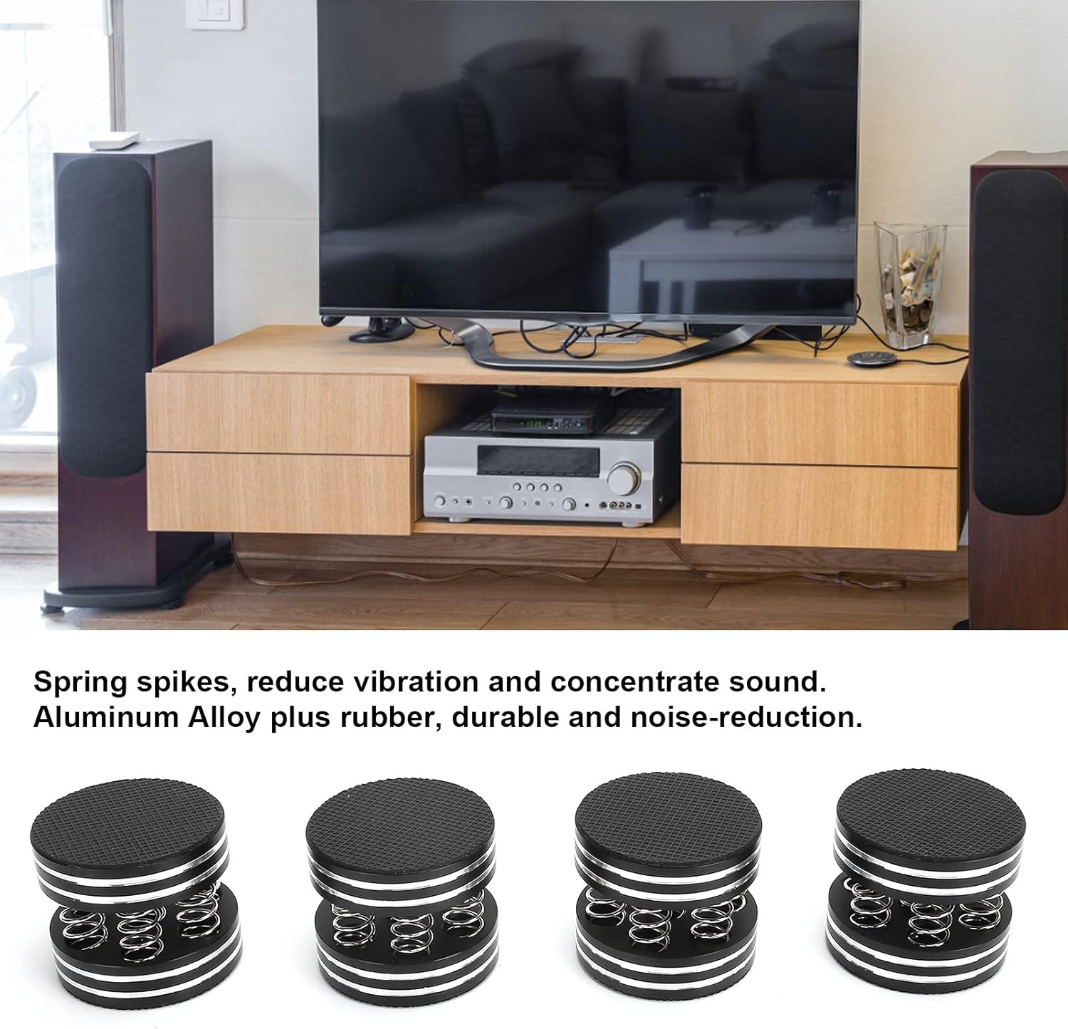 SP4055 Spring Speaker Spikes, Sound Dampening Feet for HiFi Audio Equipment, Professional Aluminum Alloy Rubber Isolation Feet with 304 Stainless Steel (Black)