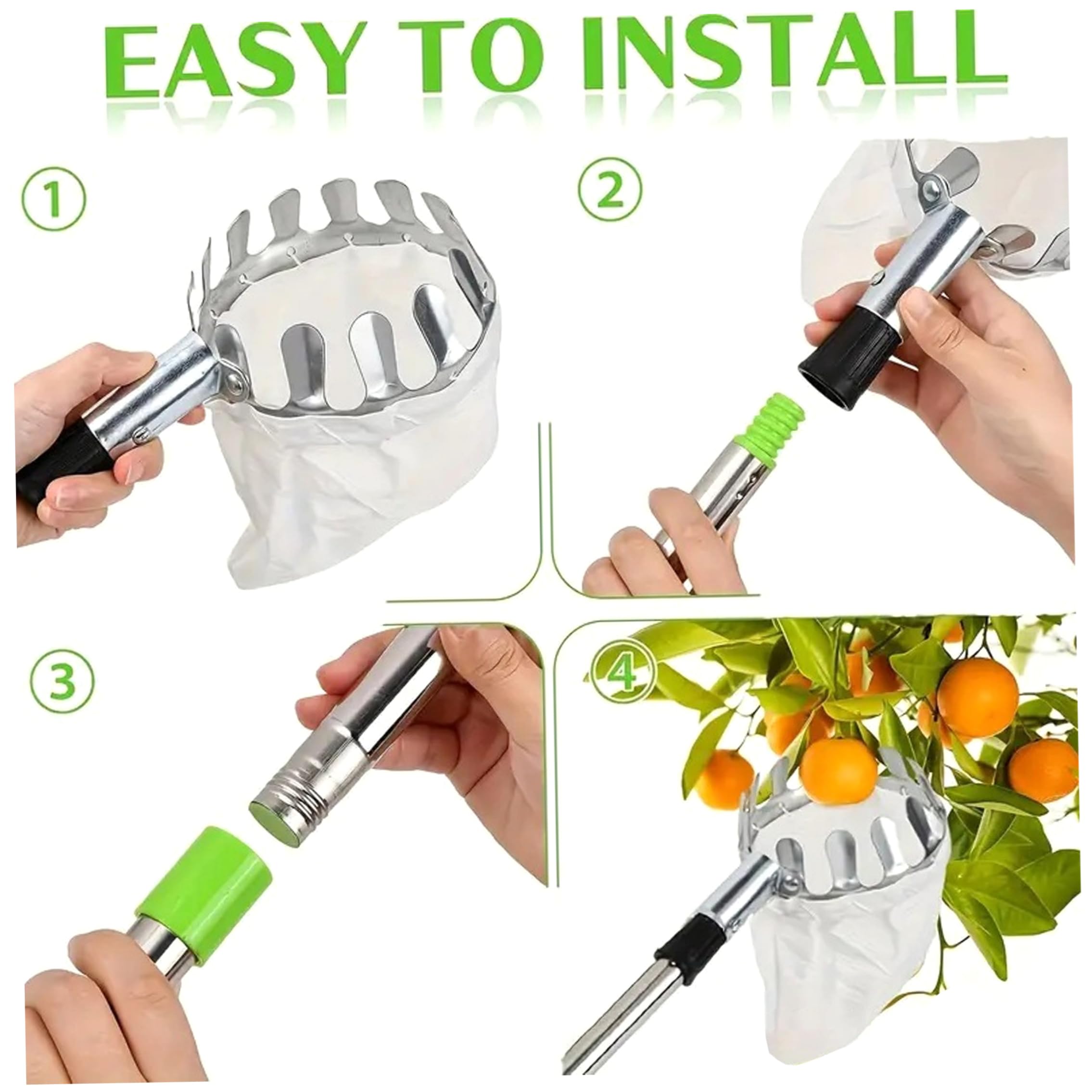 Raccoglifrutta, Asta raccoglifrutta telescopica a 10 sezioni con cestello – estende Fino a 4 m/13, 12 Piedi, Portatile per Mele, prugne, Argento e Verde, Asta con cestello telescopico