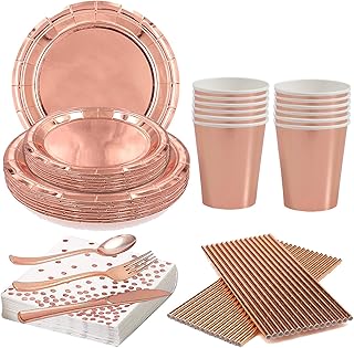 JMOCD Rose Gold Party Supplies,Paper Tableware Set Serves 10 Includes Plates Cups Napkins Straws Disposable Dinnerware Set for Bridal Shower, Birthday, Engagement Parties, Anniversary, Weddings.