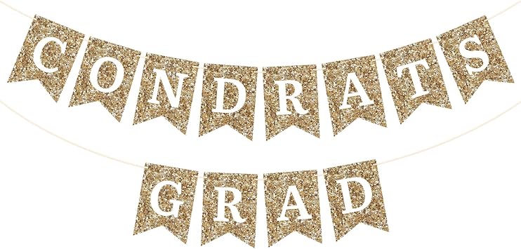 Gold Congrats Grad Banner Garland, No DIY Required Pre-Strung Glitter Graduation Banners, Grad Congrats Class of 2026 Party Decorations for Graduation Party Supplies Congrats Grad Banner