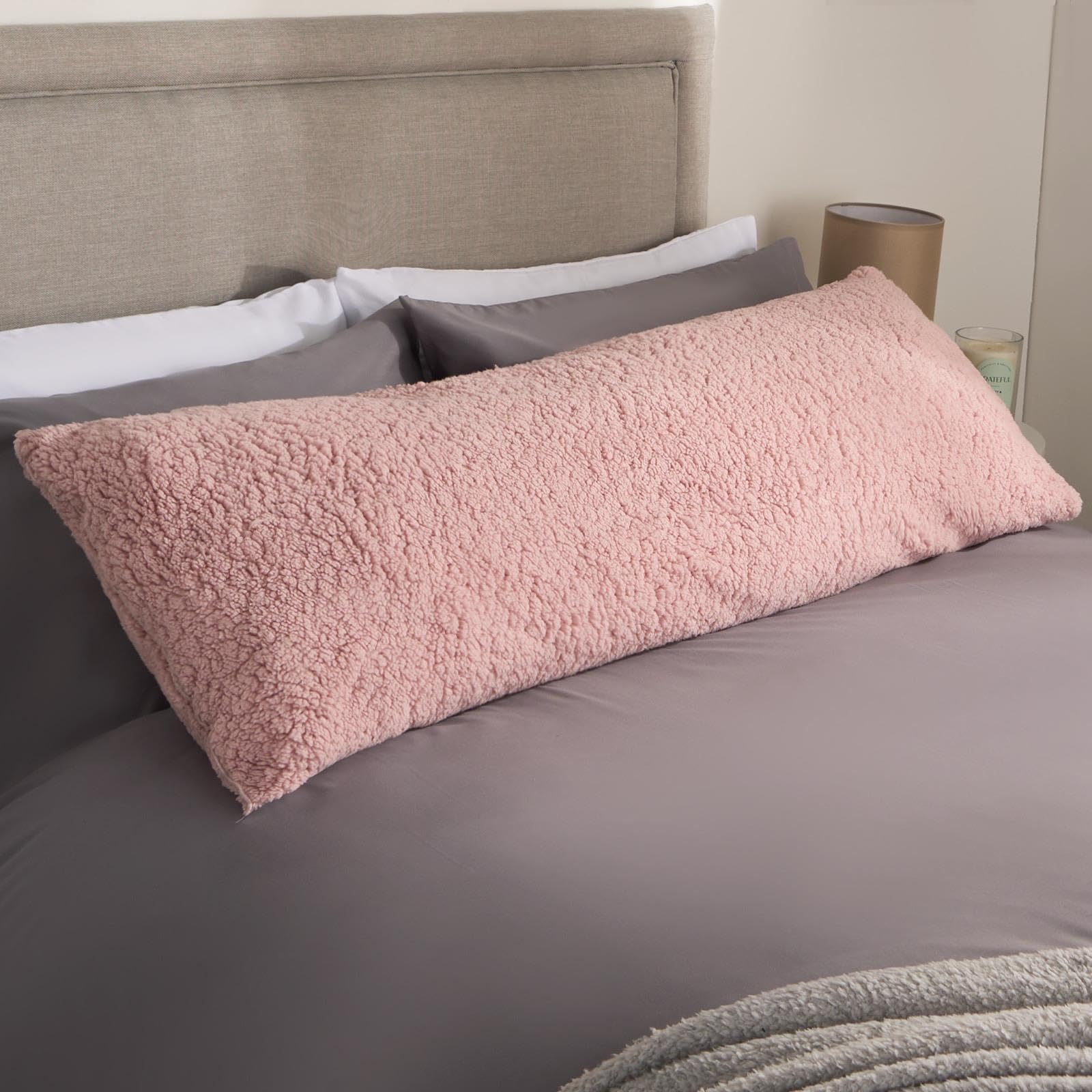 OHS Long Pillows for Sleeping, Blush Pink Teddy Bolster Cushion Snuggle Pillow Back Support Pregnancy Pillow Side Sleeper Fully Body Super Soft Comfy, 137x40cm