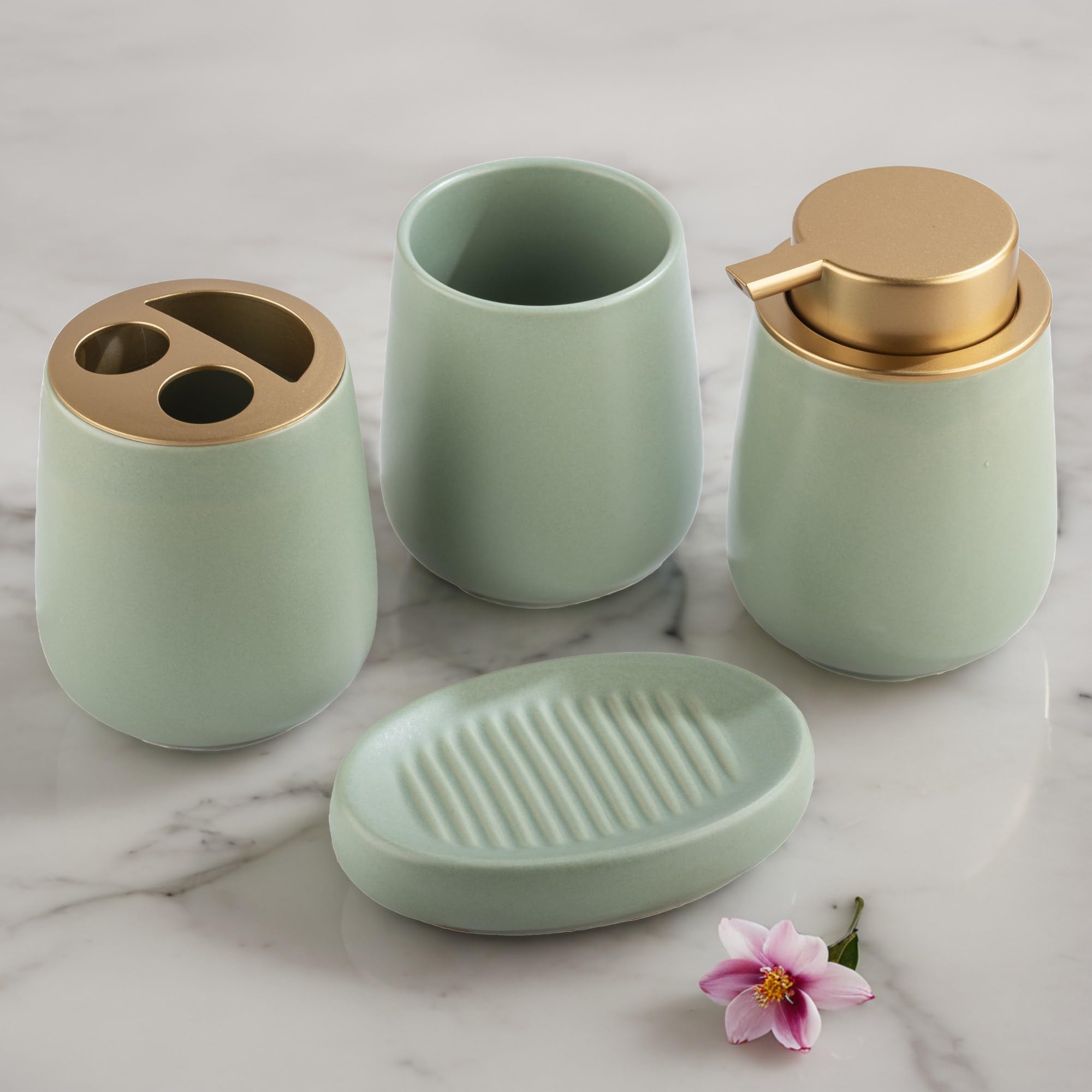 Store2508 Ceramic 4 Pcs Bathroom Accessory Set Model-NQ875 Liquid Soap Dispenser Soap Dish Tumbler Toothbrush Holder (Green)-image-41